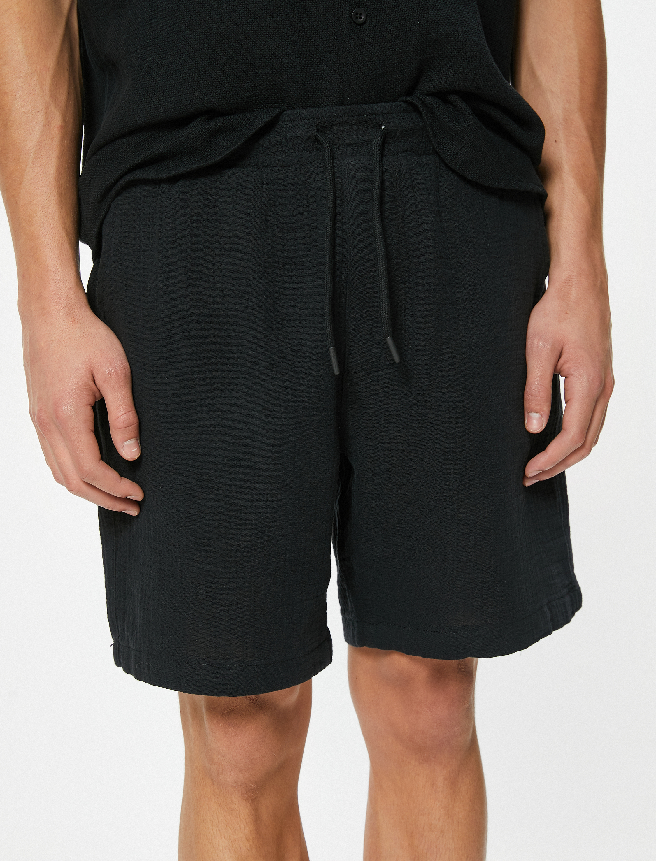   Müslin Bermuda Şort Beli Bağcıklı Cep Detaylı Pamuklu