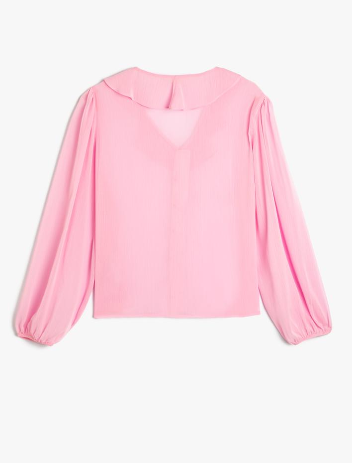  Şifon Gömlek İnci Düğmeli Fırfırlı V Yaka Balon Kol