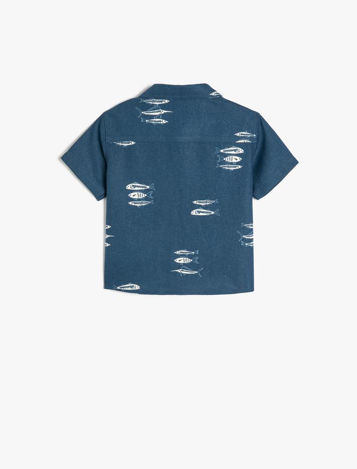 Erkek Bebek Keten Gömlek Kısa Kollu Balık Desenli Cep Detaylı