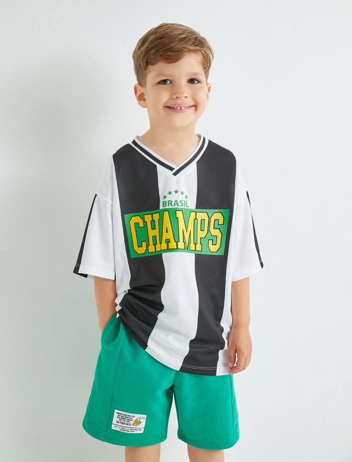 Erkek Çocuk Oversize Tişört  V Yaka Renk Bloklu Spor Baskılı Kısa Kollu