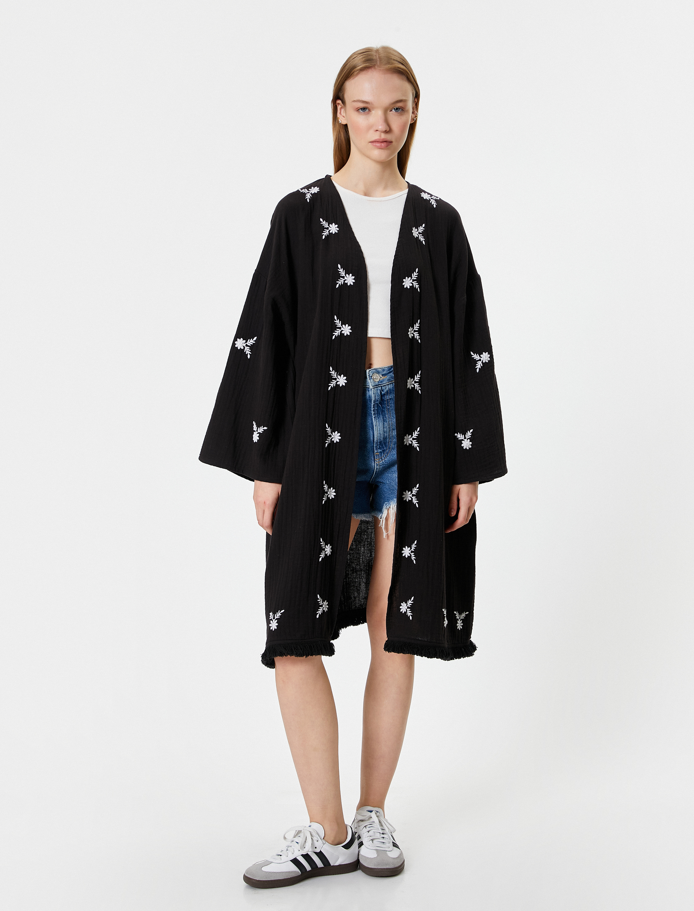   Midi Kimono Nakışlı Oversize Asimetrik Kesim