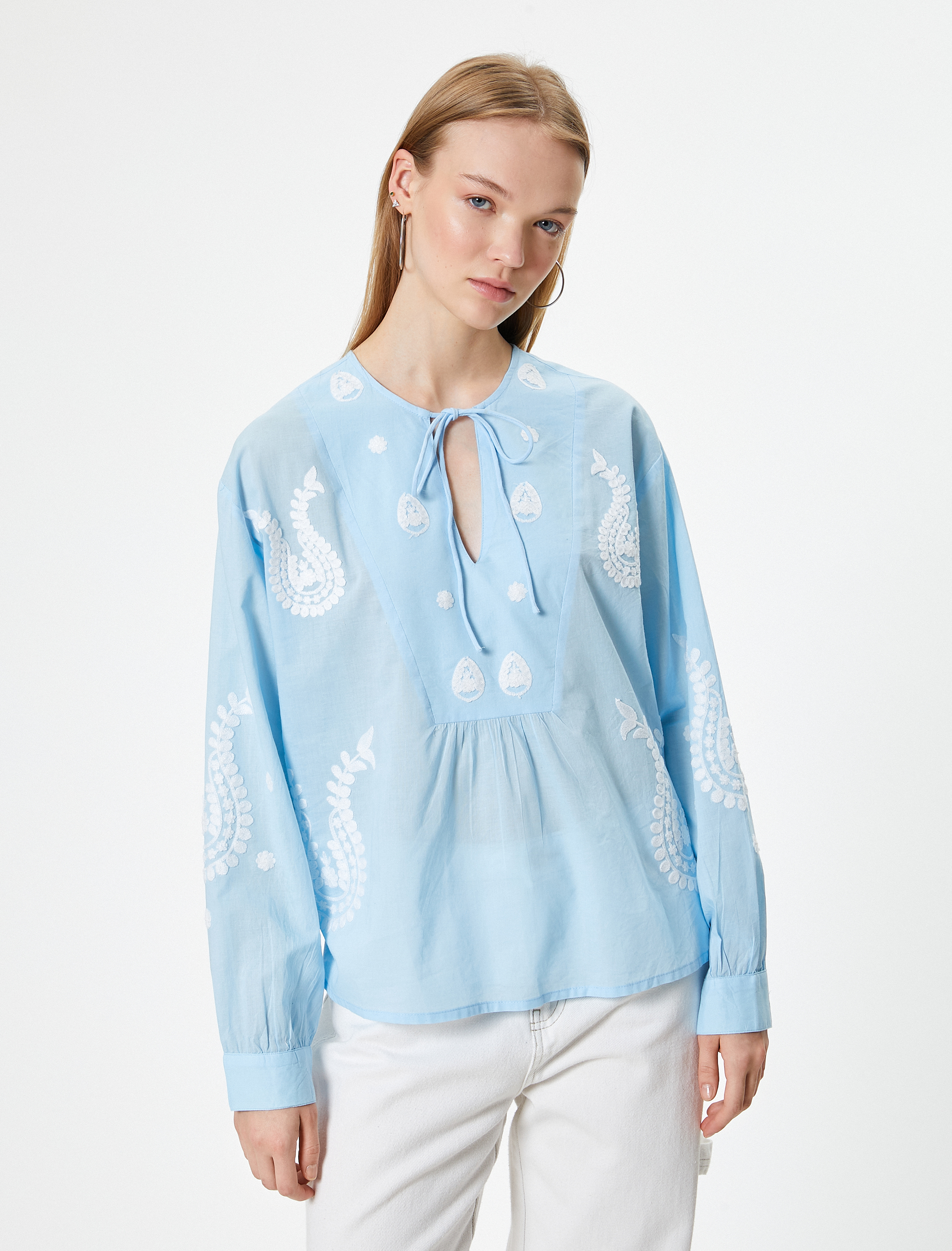   Balon Kol Bluz Uzun Kollu Nakışlı Bağlama Detaylı