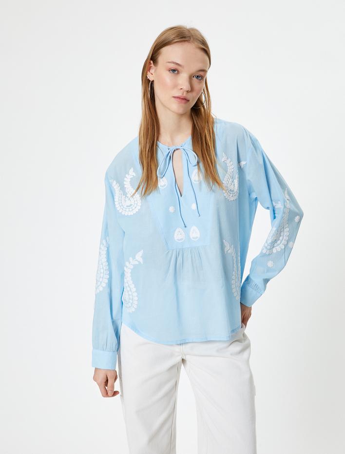  Balon Kol Bluz Uzun Kollu Nakışlı Bağlama Detaylı