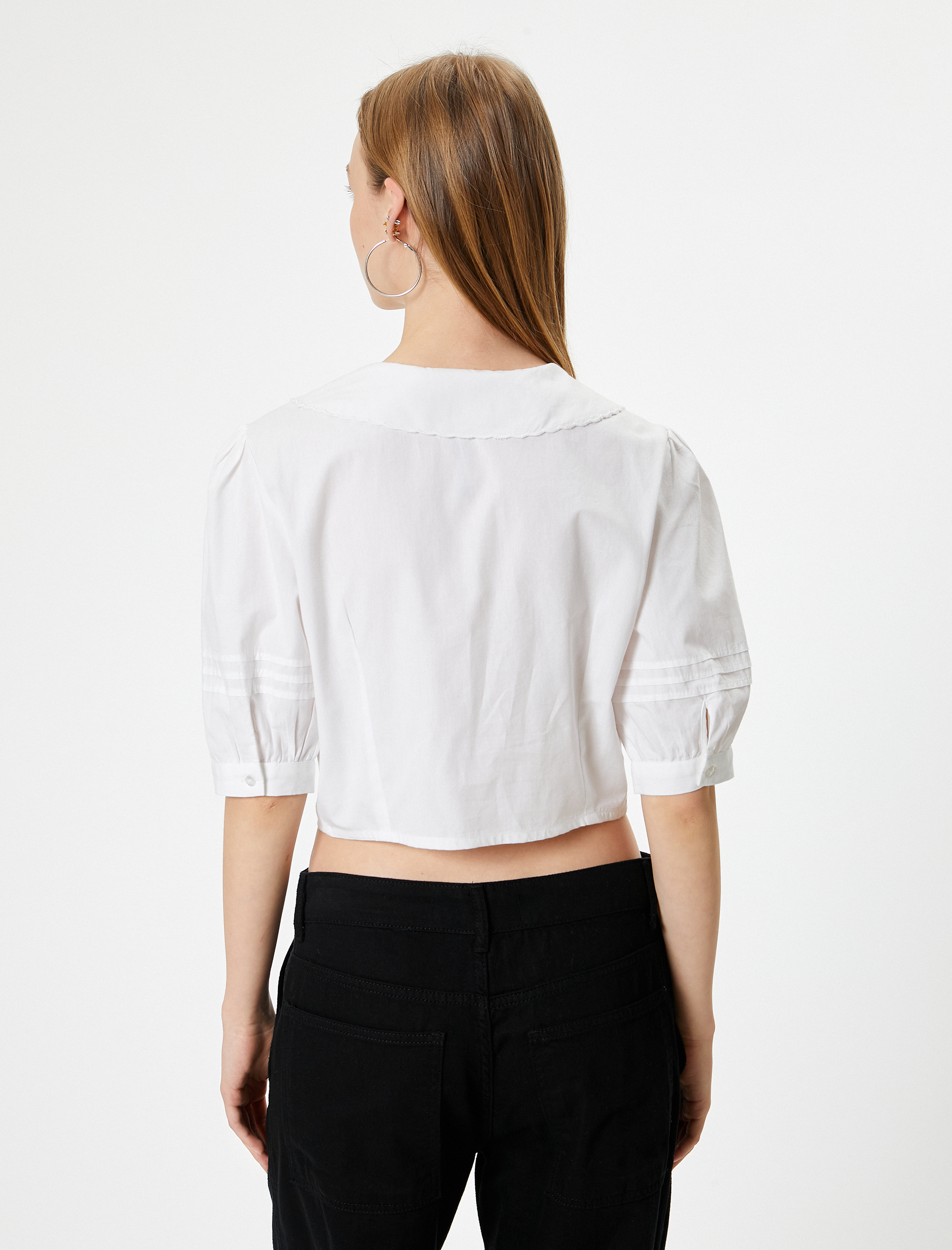   Balon Kol Bluz Bebe Yaka Düğmeli Kısa Kollu Nakışlı Slim Fit