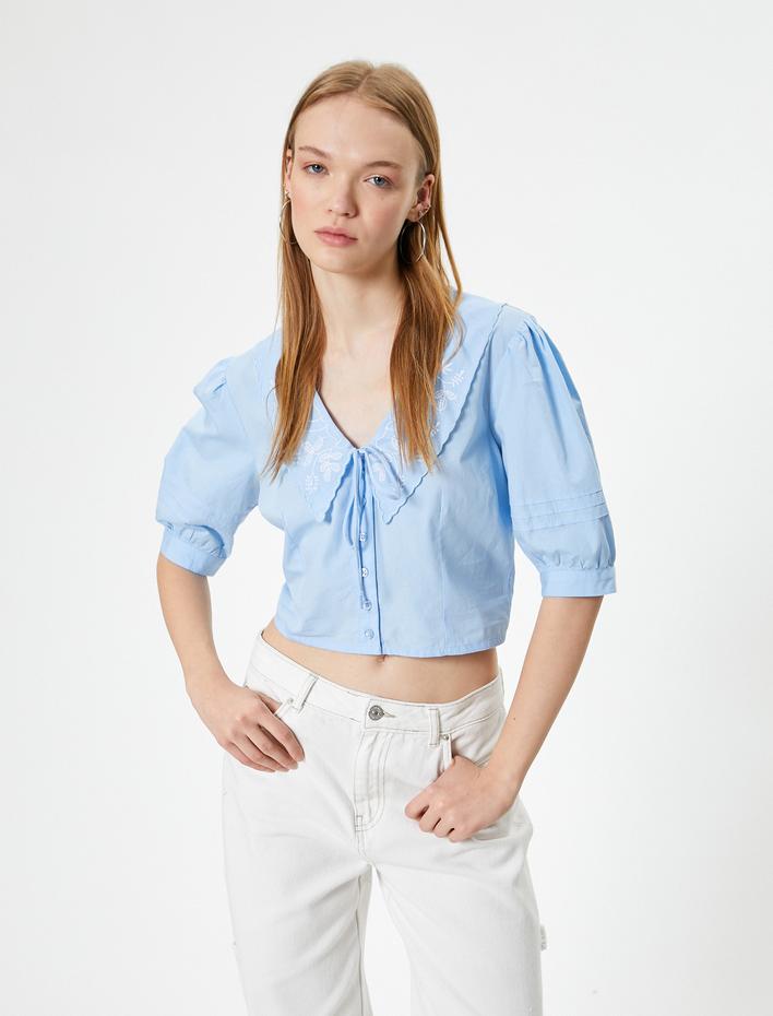  Balon Kol Bluz Bebe Yaka Düğmeli Kısa Kollu Nakışlı Slim Fit