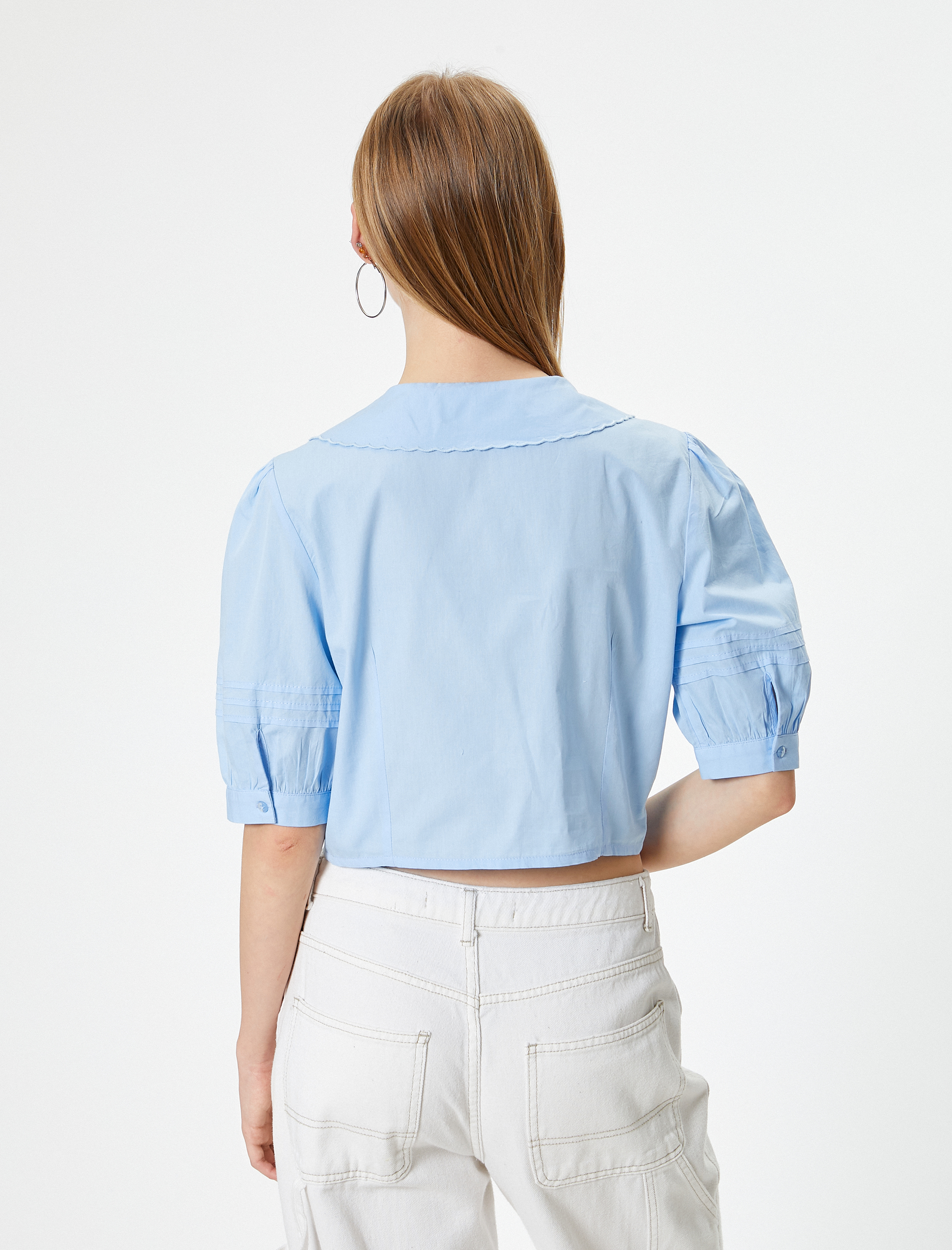 Balon Kol Bluz Bebe Yaka Düğmeli Kısa Kollu Nakışlı Slim Fit