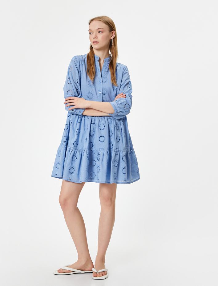  Fisto Elbise Mini Uzun Kollu Hakim Yaka Düğmeli Volanlı