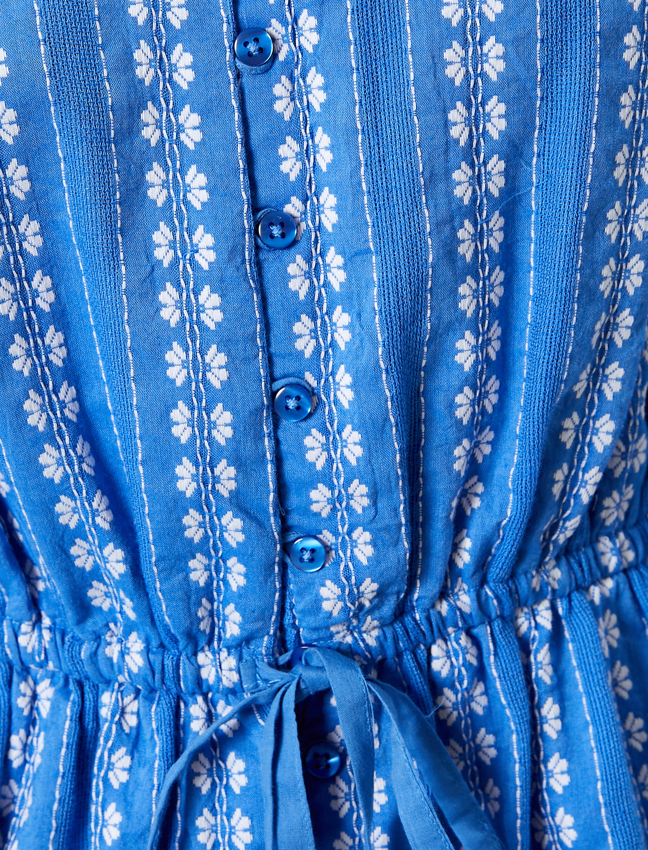   Mini Elbise V Yaka Desenli Düğmeli Uzun Kollu Büzgü Detaylı Volanlı