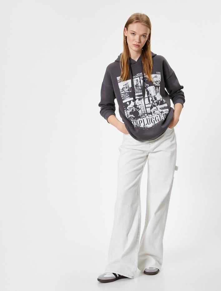  Şardonlu Slogan Baskılı Sweatshirt Kapüşonlu Relax Fit