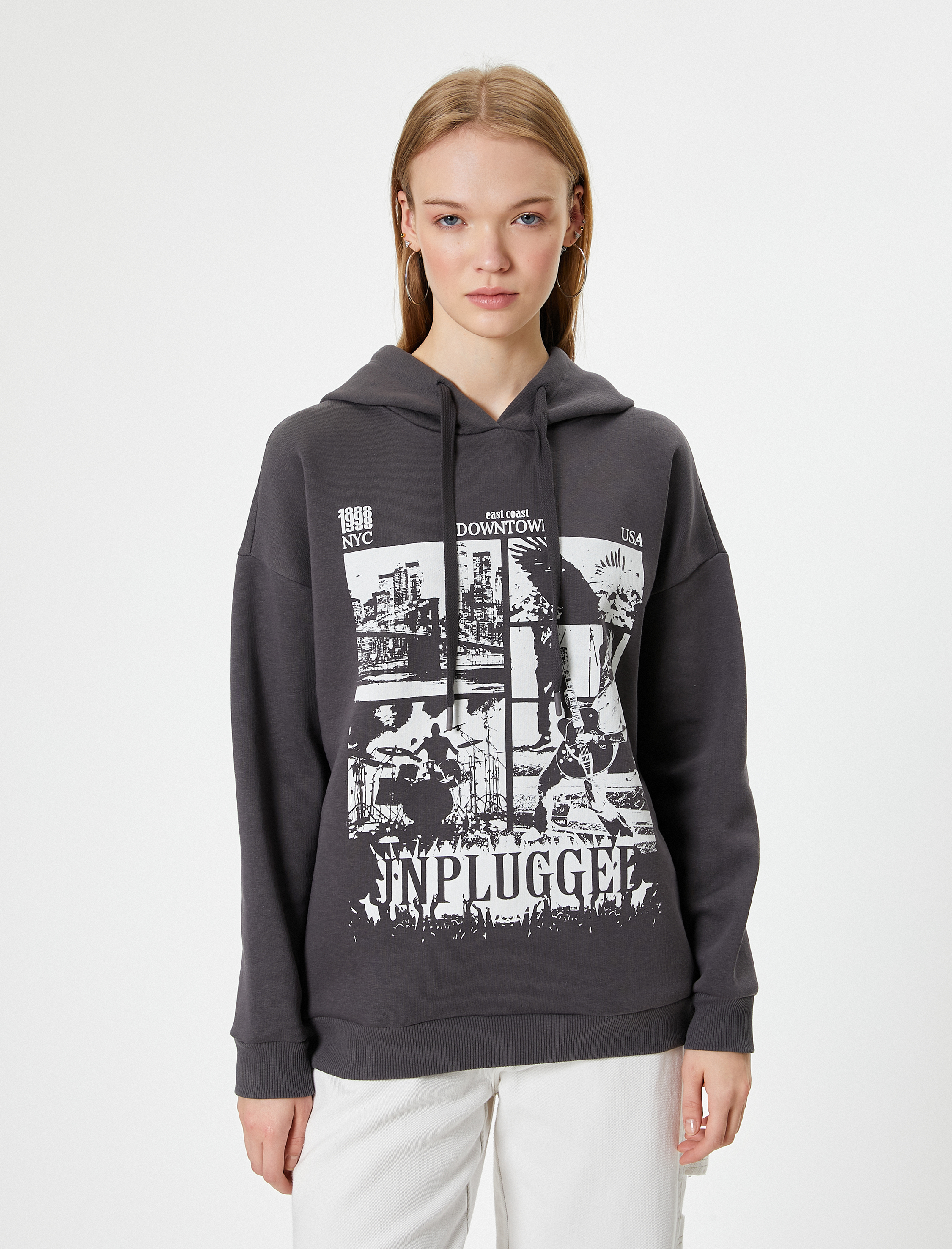   Şardonlu Slogan Baskılı Sweatshirt Kapüşonlu Relax Fit