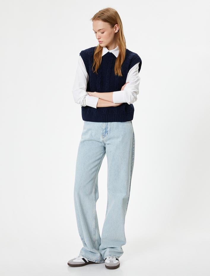  Triko Örgü Dokulu Kolsuz Süveter Bisiklet Yaka