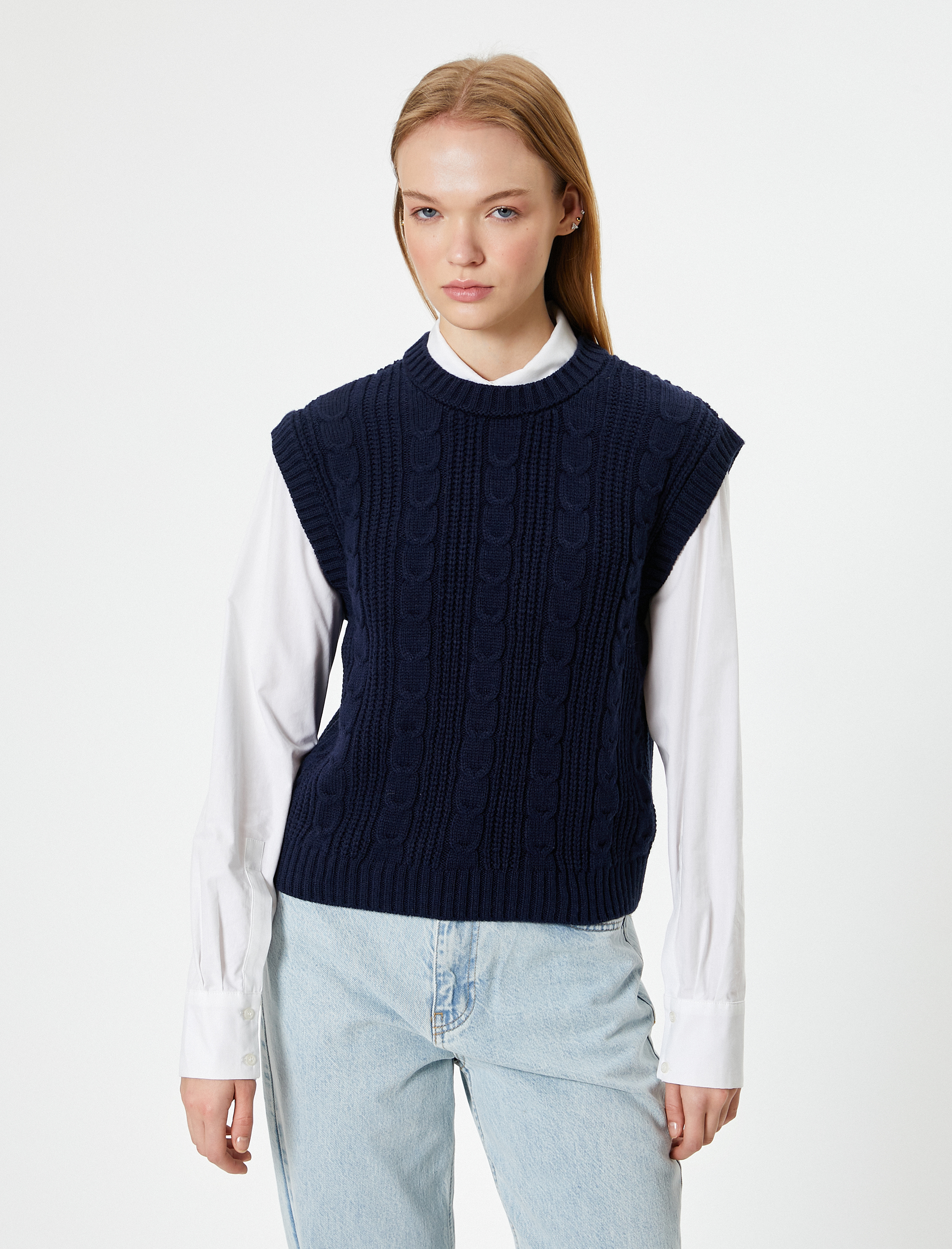   Triko Örgü Dokulu Kolsuz Süveter Bisiklet Yaka