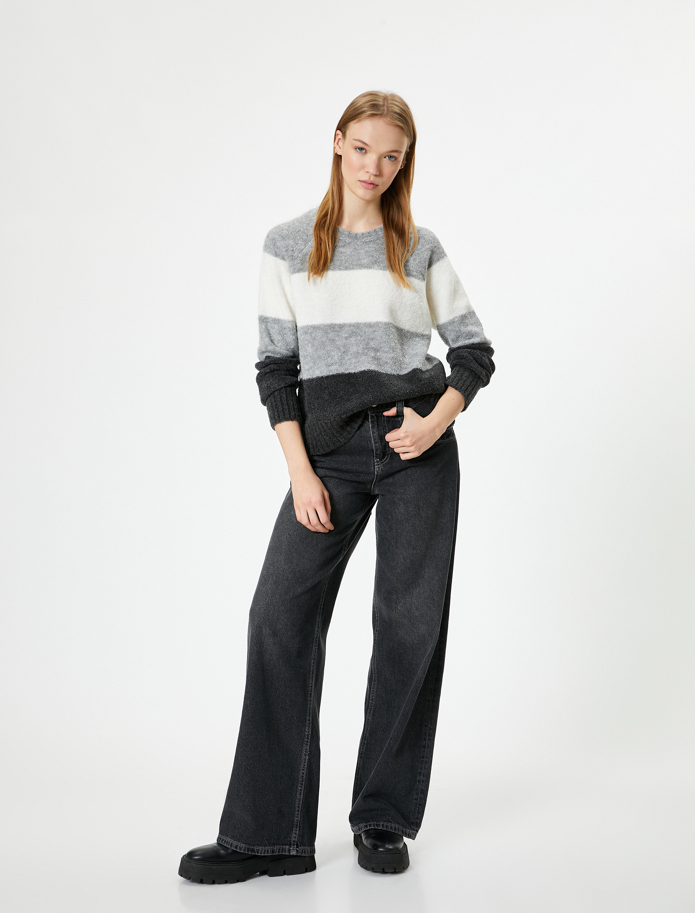   Triko Kazak Bisiklet Yaka Uzun Kollu Renk Bloklu