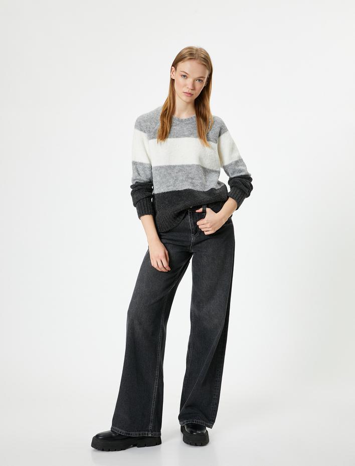  Triko Kazak Bisiklet Yaka Uzun Kollu Renk Bloklu