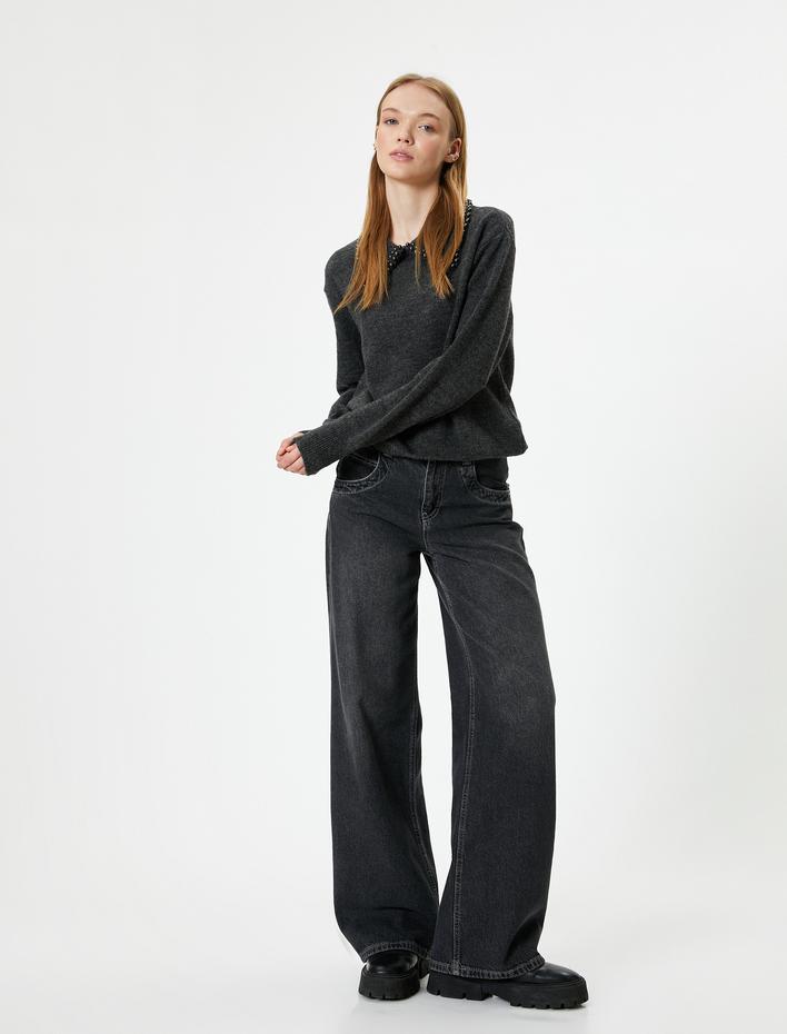  İnci Detaylı Uzun Kollu Yumuşak Dokulu Kazak