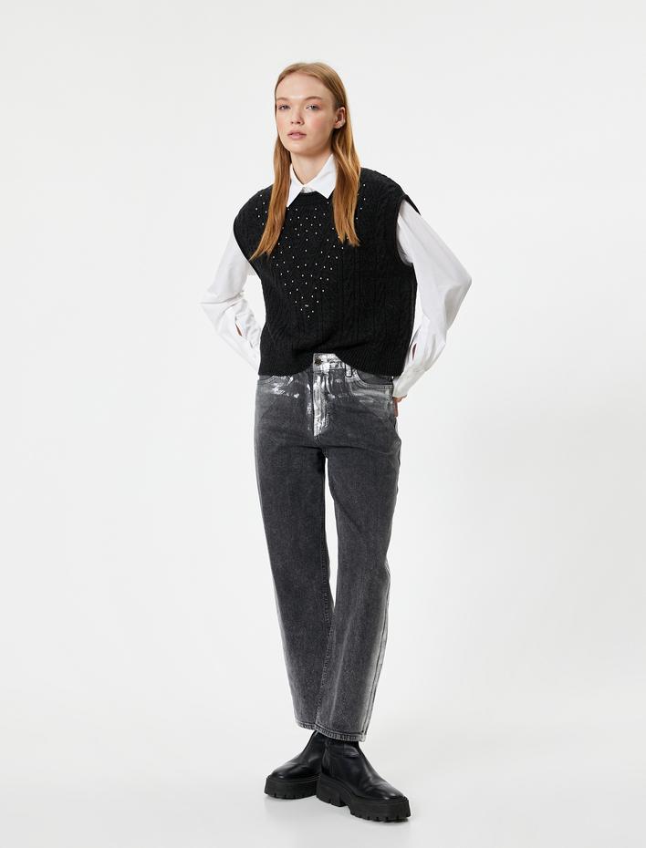  Triko Süveter Taşlı Bisiklet Yaka Kolsuz