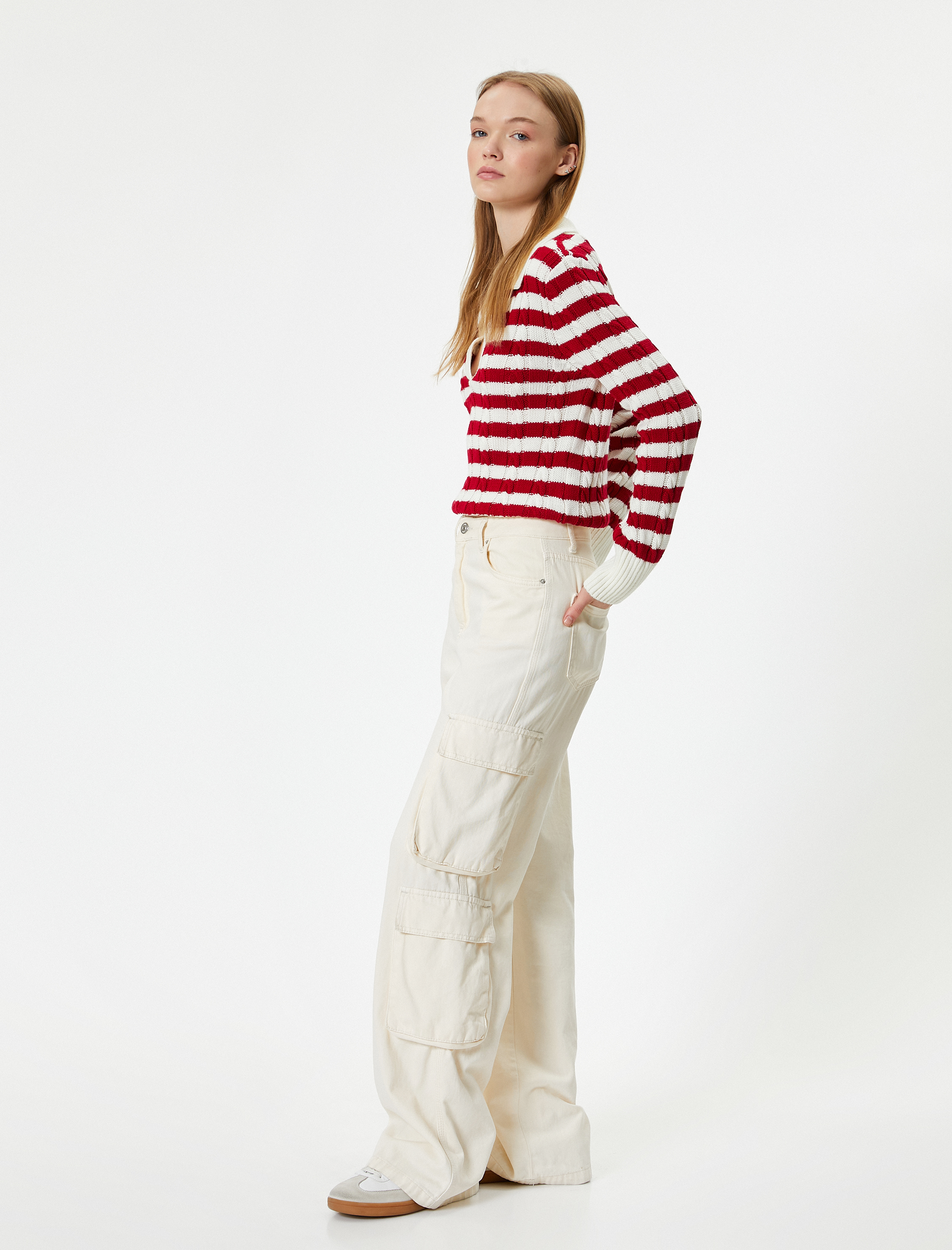 Polo Yaka Triko Kazak Saç Örgü Dokulu Uzun Kollu