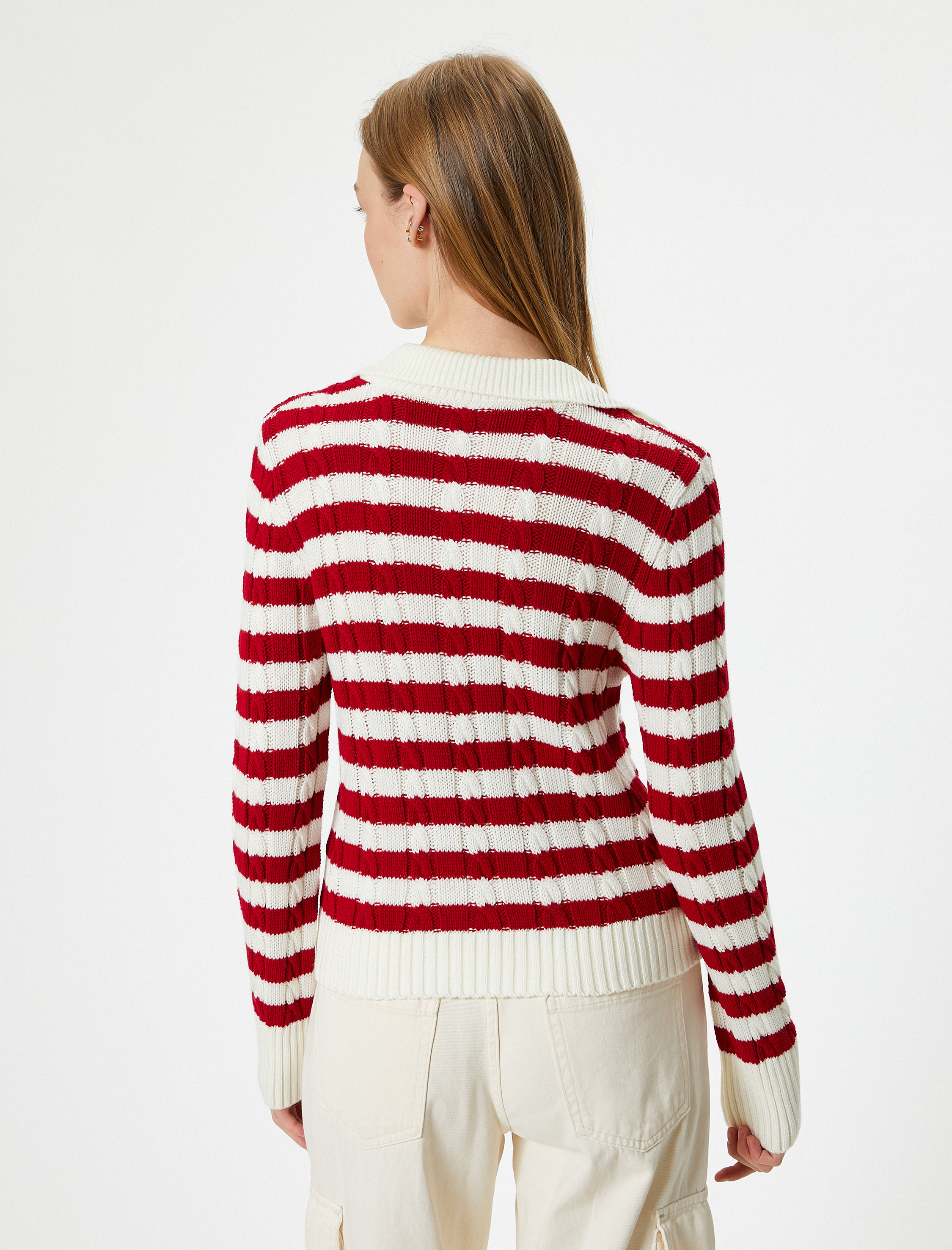 Polo Yaka Triko Kazak Saç Örgü Dokulu Uzun Kollu