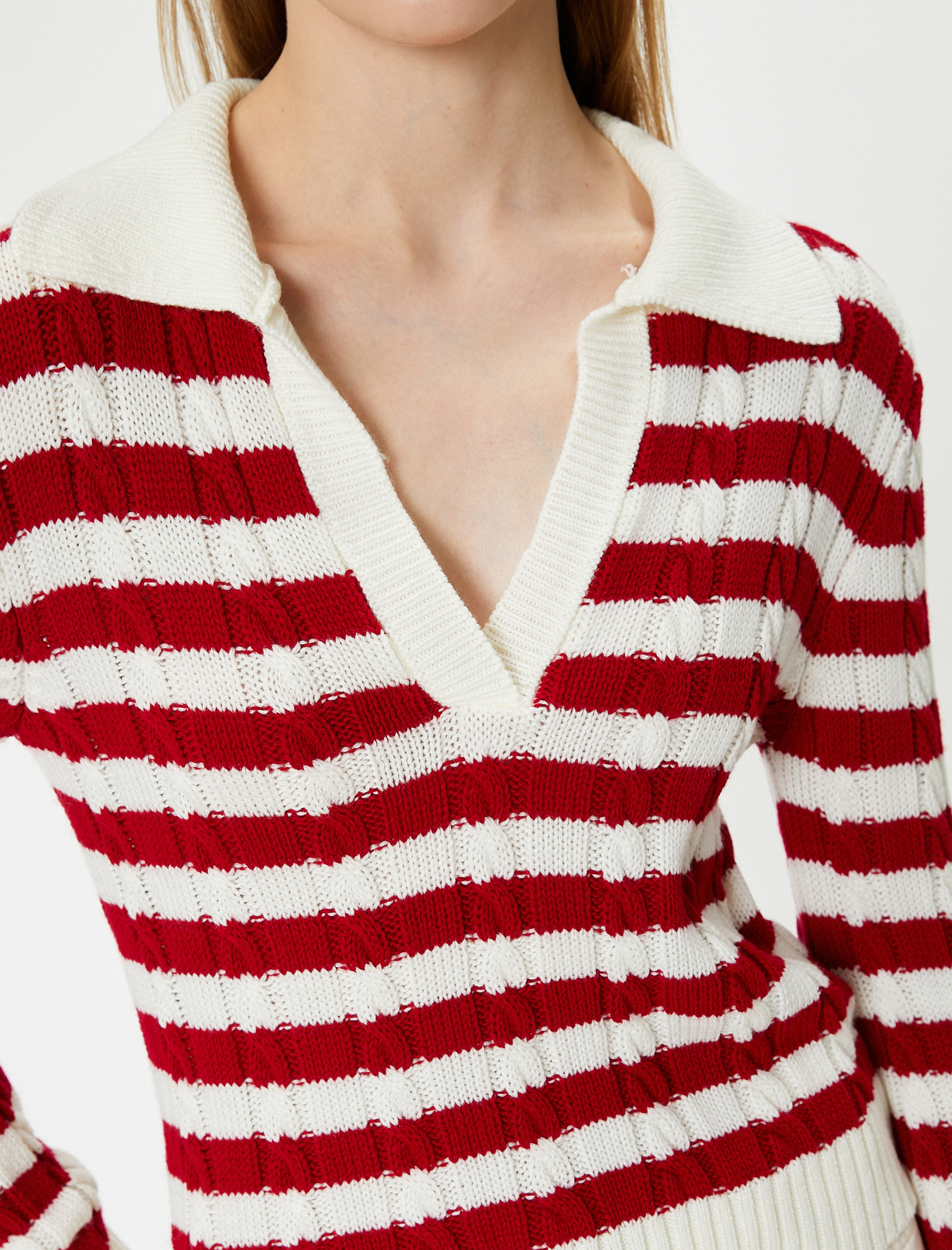 Polo Yaka Triko Kazak Saç Örgü Dokulu Uzun Kollu