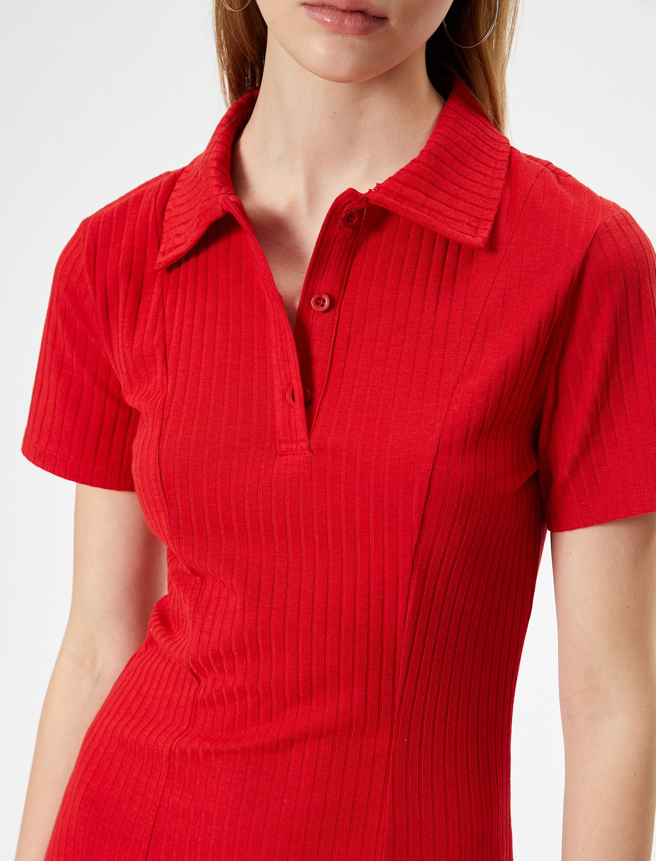   Polo Yaka Elbise Mini Kısa Kollu Düğmeli A Kesim Bürümcük