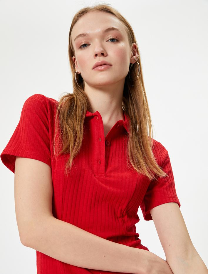  Polo Yaka Elbise Mini Kısa Kollu Düğmeli A Kesim Bürümcük