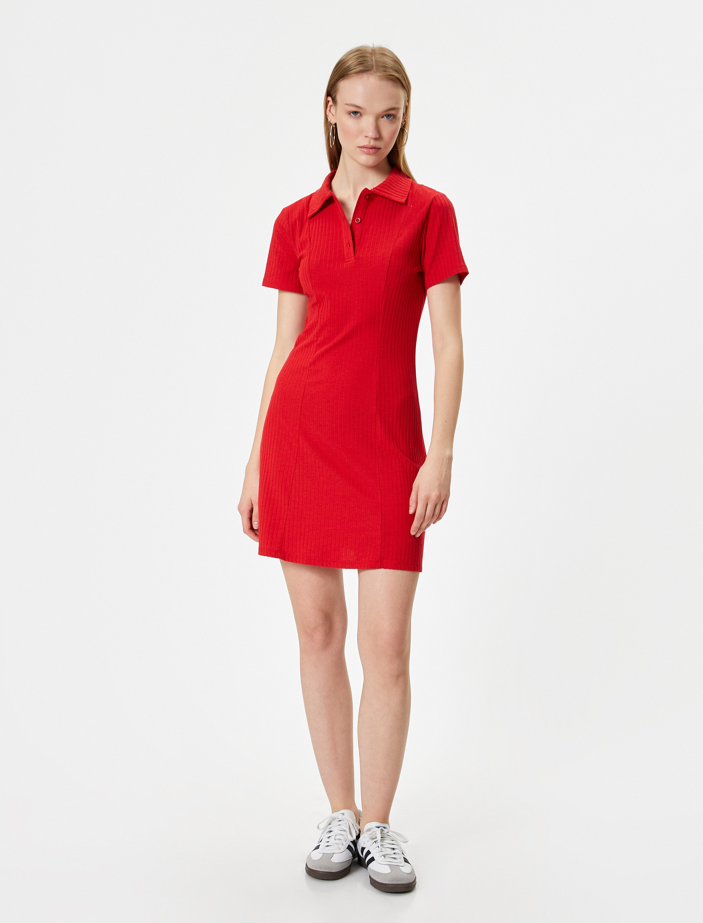   Polo Yaka Elbise Mini Kısa Kollu Düğmeli A Kesim Bürümcük