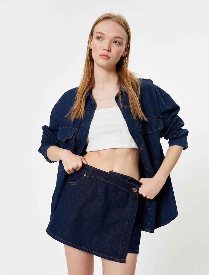  Mini Kot Şort Etek Düğme Detaylı Cepli