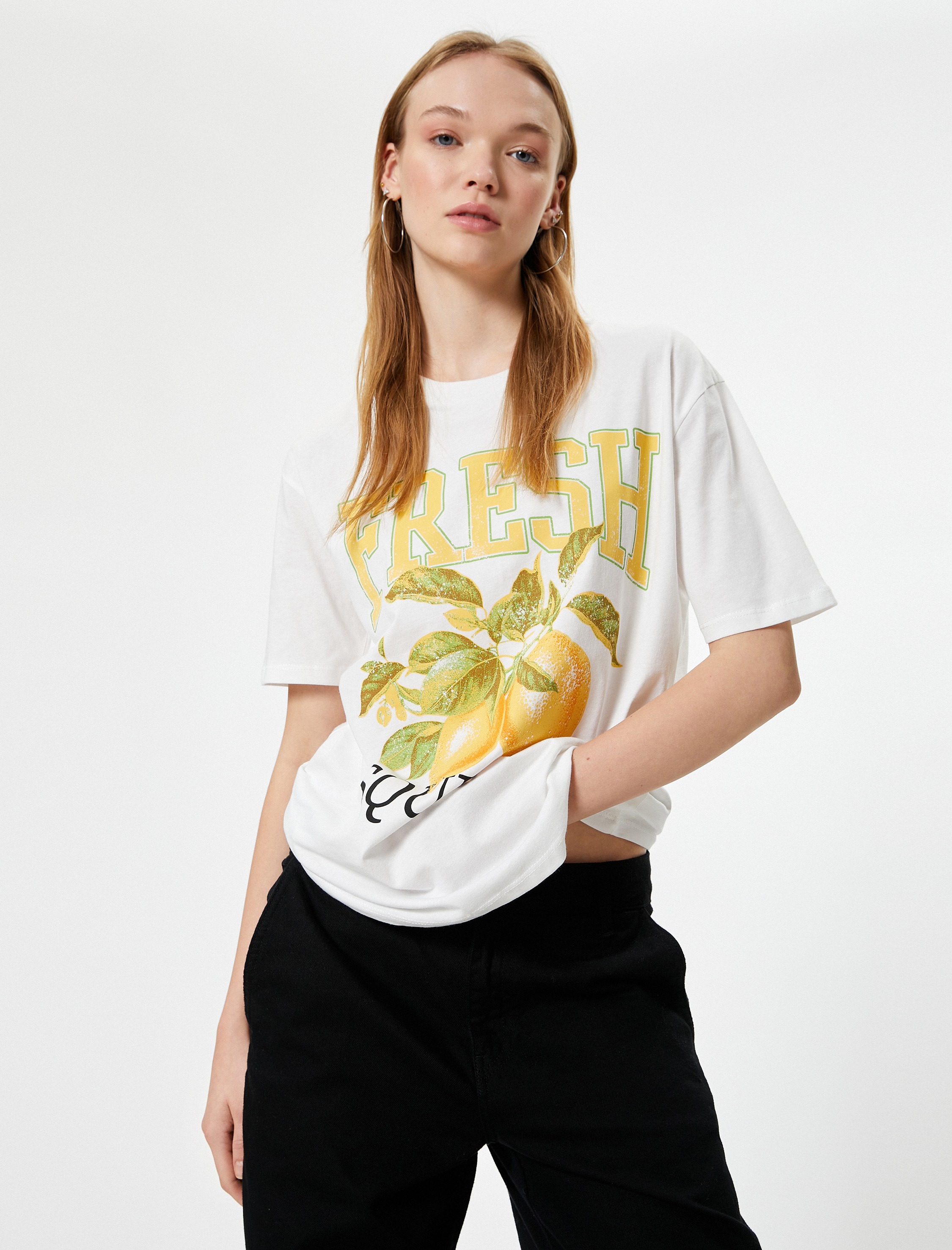   Meyve Baskılı Tişört Relax Fit Bisiklet Yaka Kısa Kollu