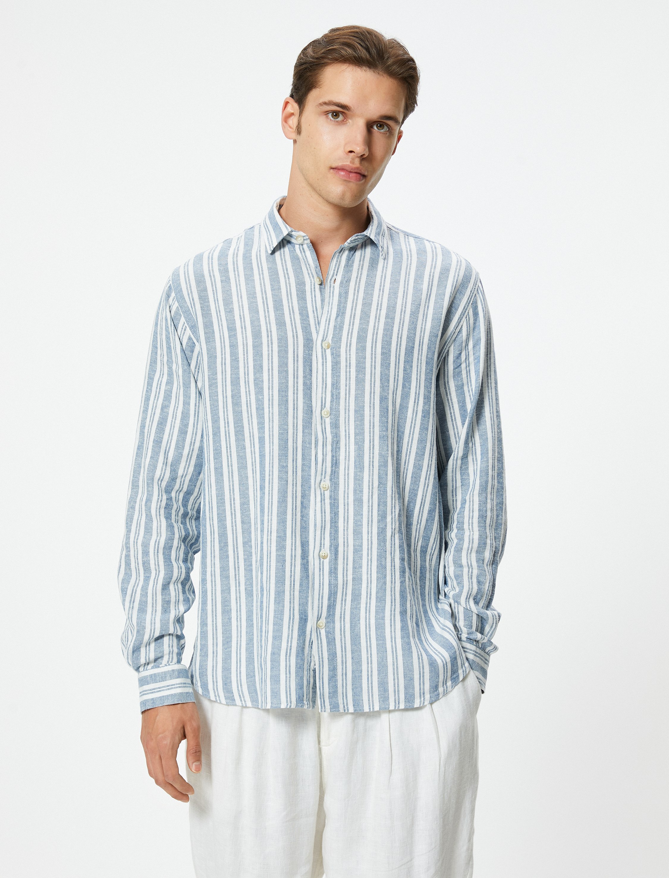   Uzun Kollu Gömlek Düğmeli Keten Karışımlı Regular Fit