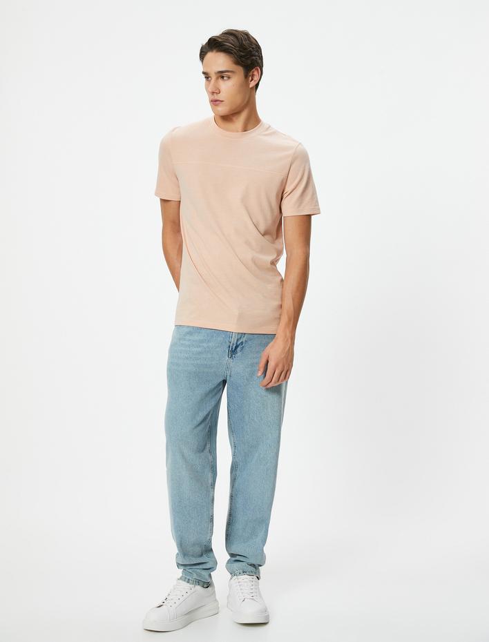  Kısa Kollu Tişört Bisiklet Yaka Çizgi Detaylı