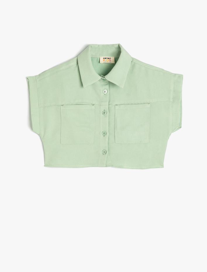 Kız Çocuk Crop Gömlek Kısa Kollu Cep Detaylı Modal Kumaş