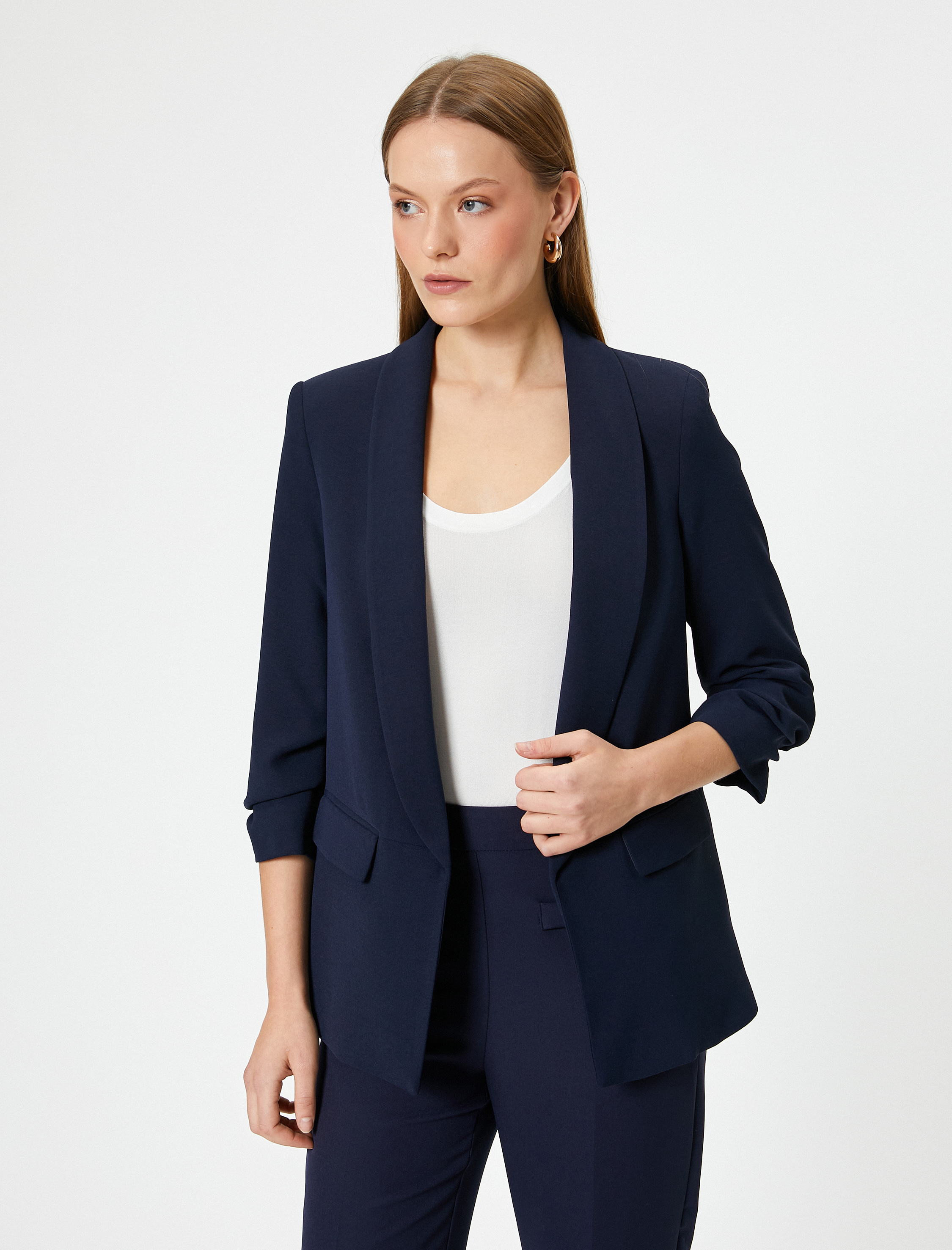   Kapaklı Cep Detaylı 3/4 Kol Kruvaze Blazer Ceket