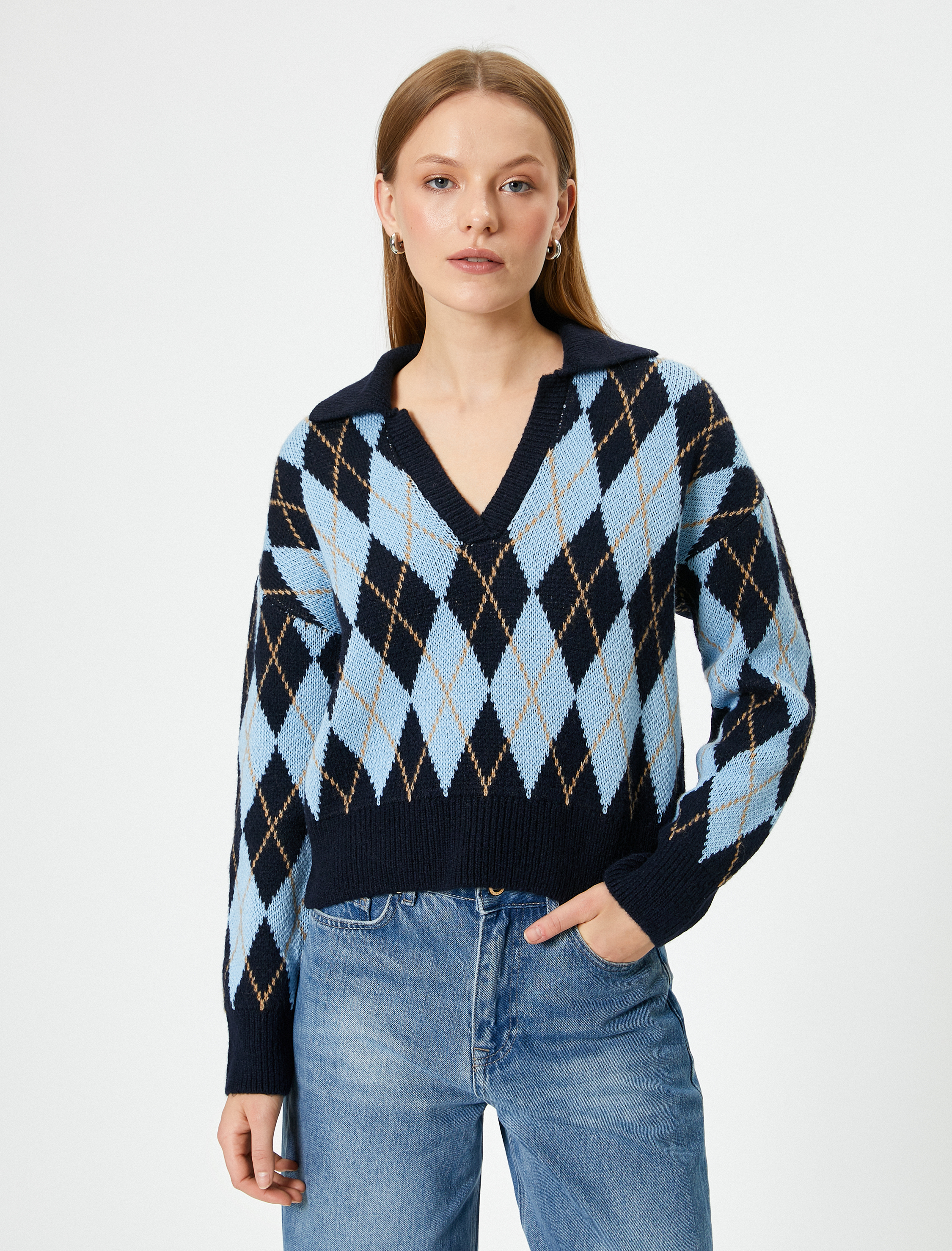   Polo Yaka Kazak Oversize Baklava Desenli Uzun Kollu