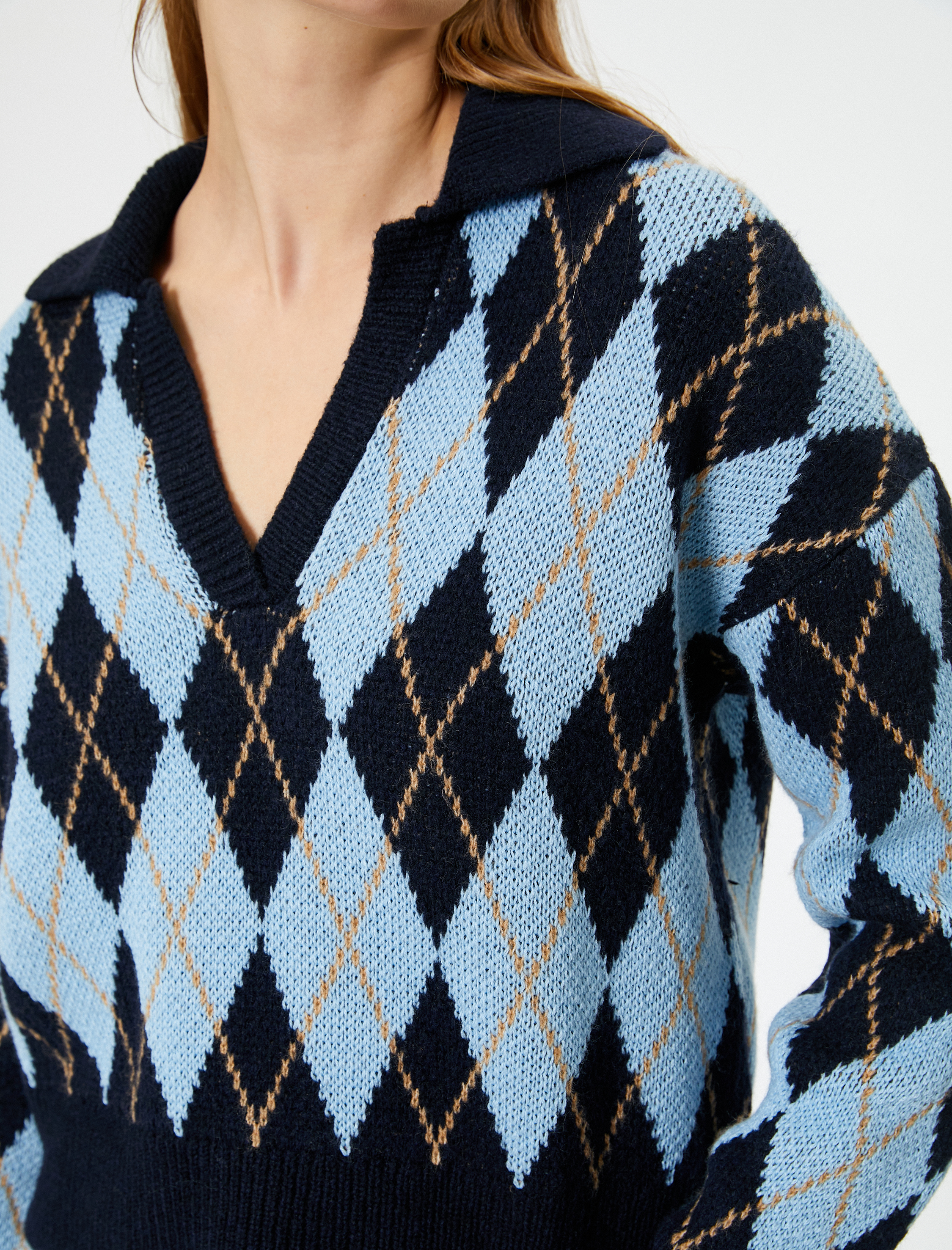   Polo Yaka Kazak Oversize Baklava Desenli Uzun Kollu