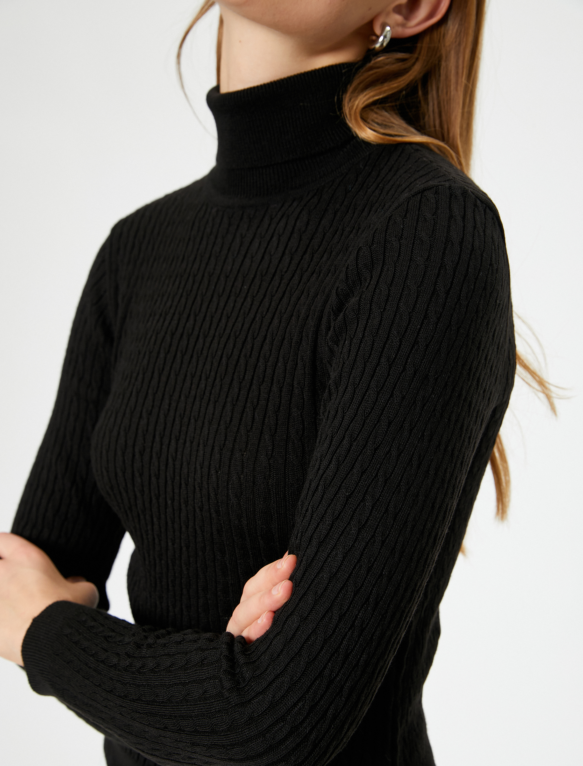   Dik Yaka Kazak Uzun Kollu Saç Örgü Desenli