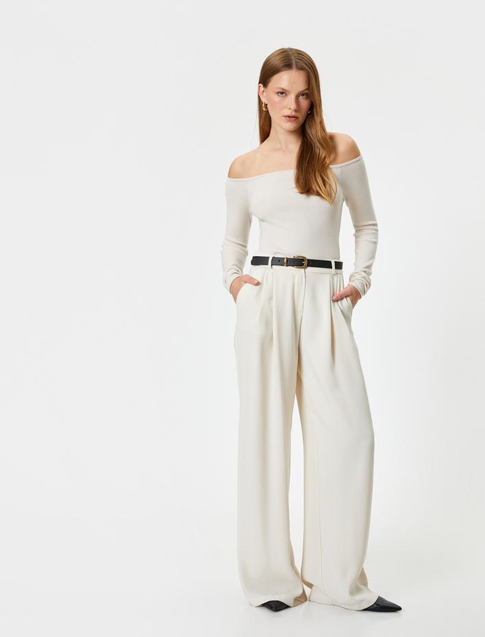  Uzun Kollu Kayık Yaka Omzu Açık Çizgili Triko Kazak