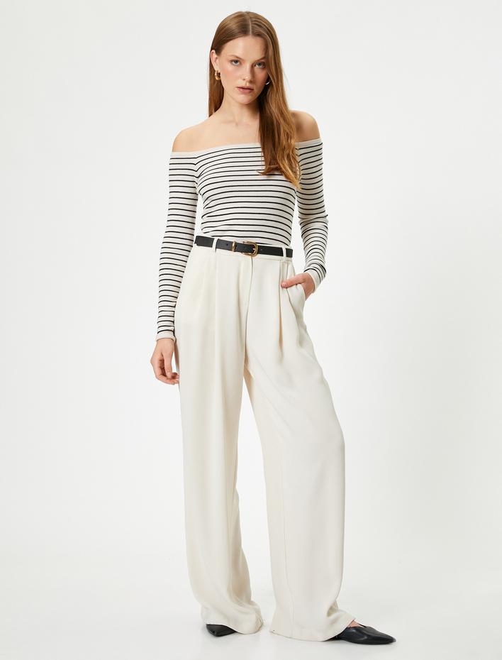  Uzun Kollu Kayık Yaka Omzu Açık Çizgili Triko Kazak