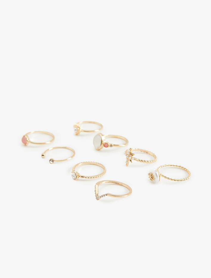 Kadın Yüzük Seti 8'li İncili Taşlı Çelik Karışımlı