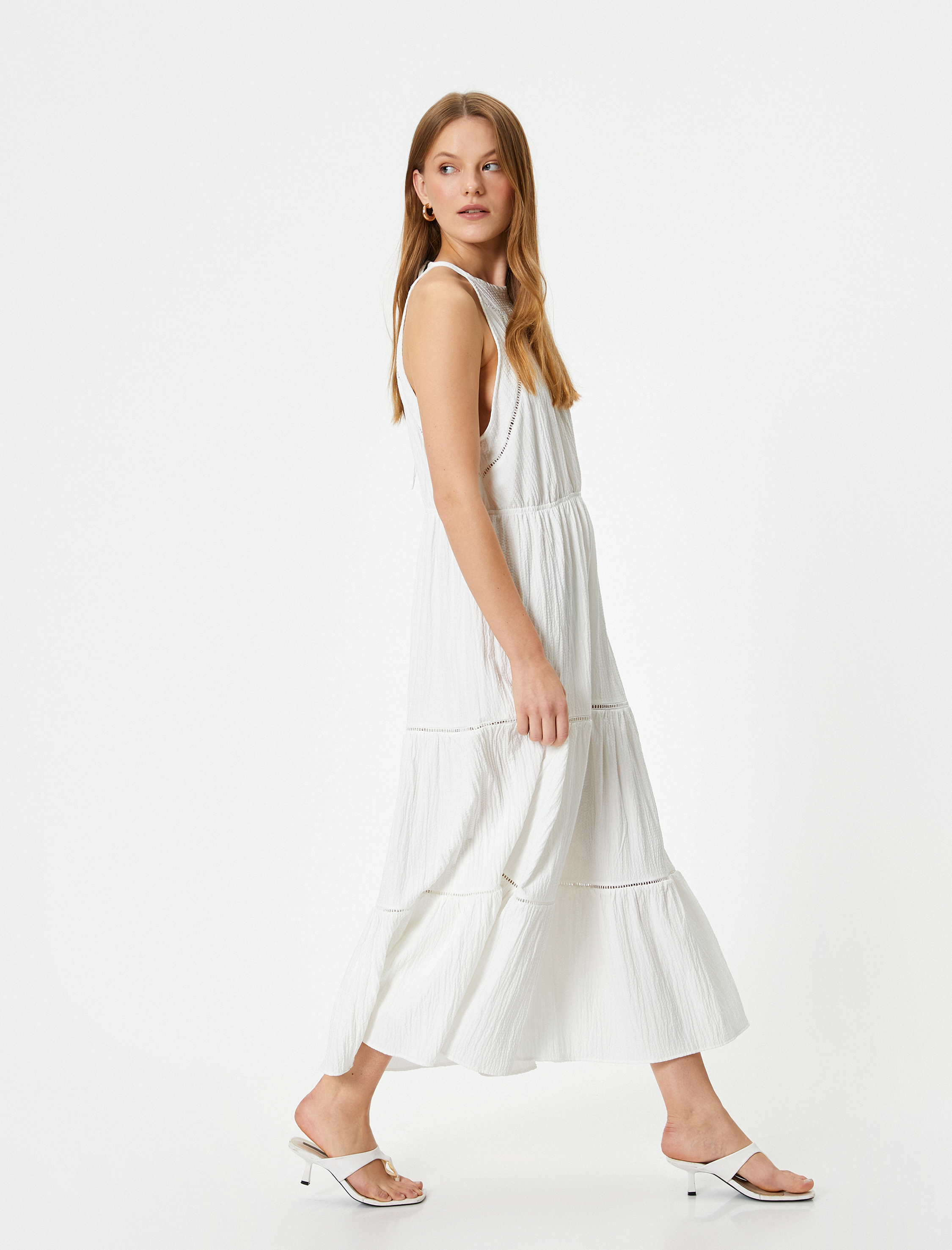 Uzun Halter Yaka Elbise Katmanlı Dokulu