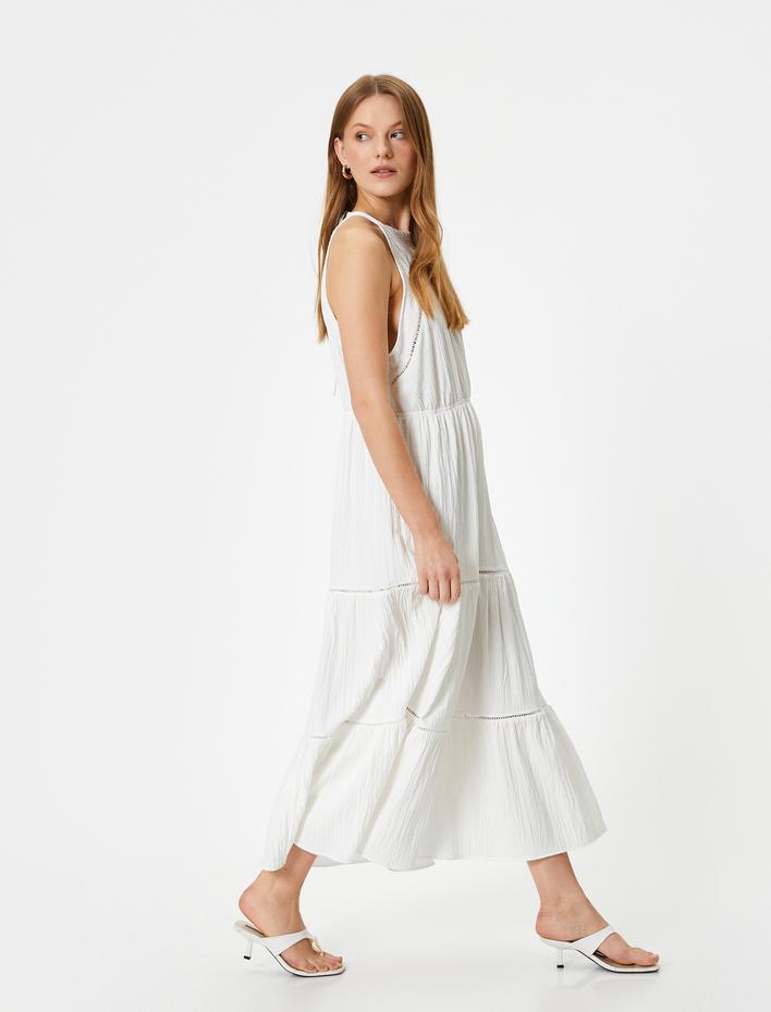  Uzun Halter Yaka Elbise Katmanlı Dokulu