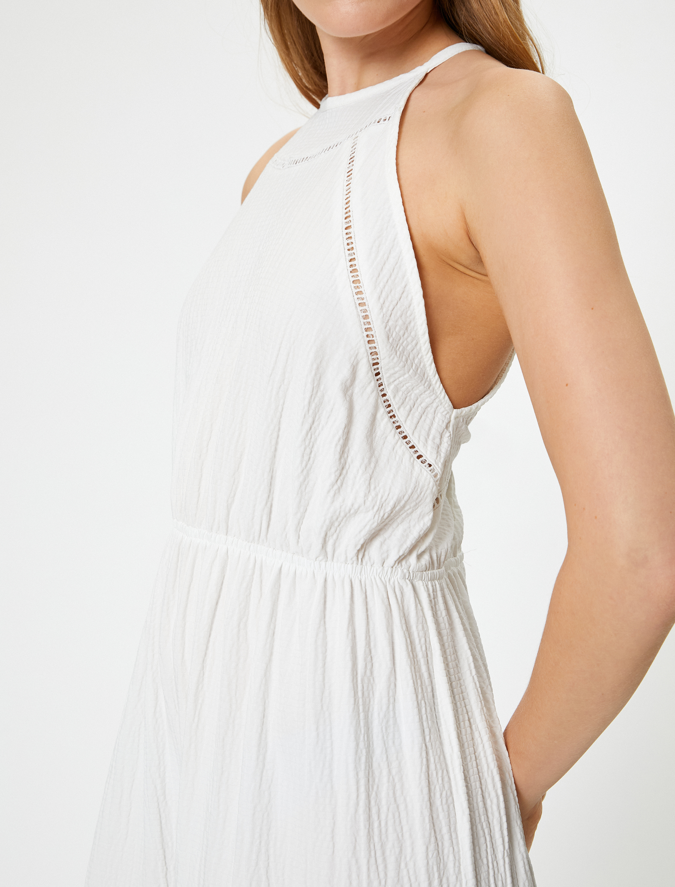 Uzun Halter Yaka Elbise Katmanlı Dokulu