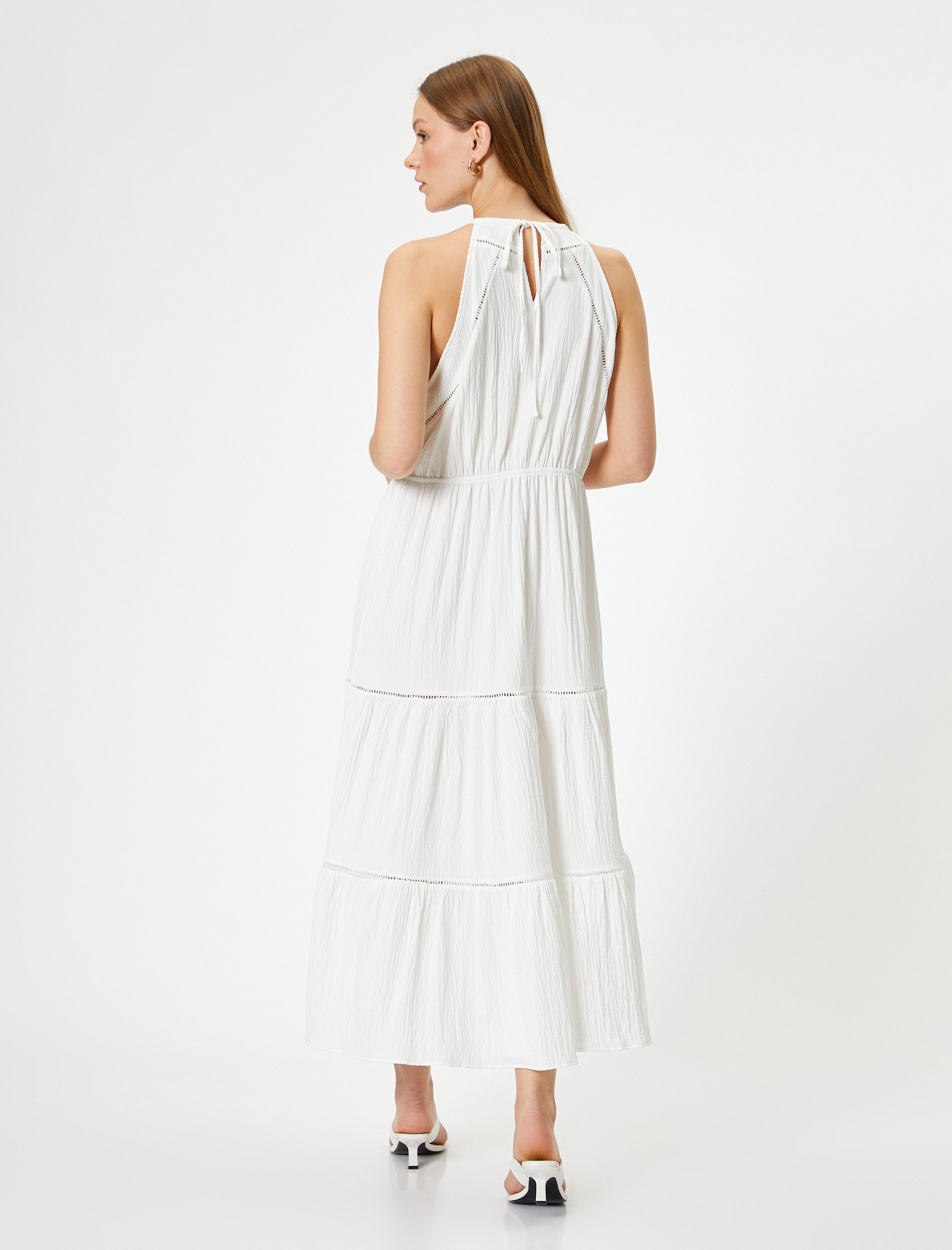 Uzun Halter Yaka Elbise Katmanlı Dokulu