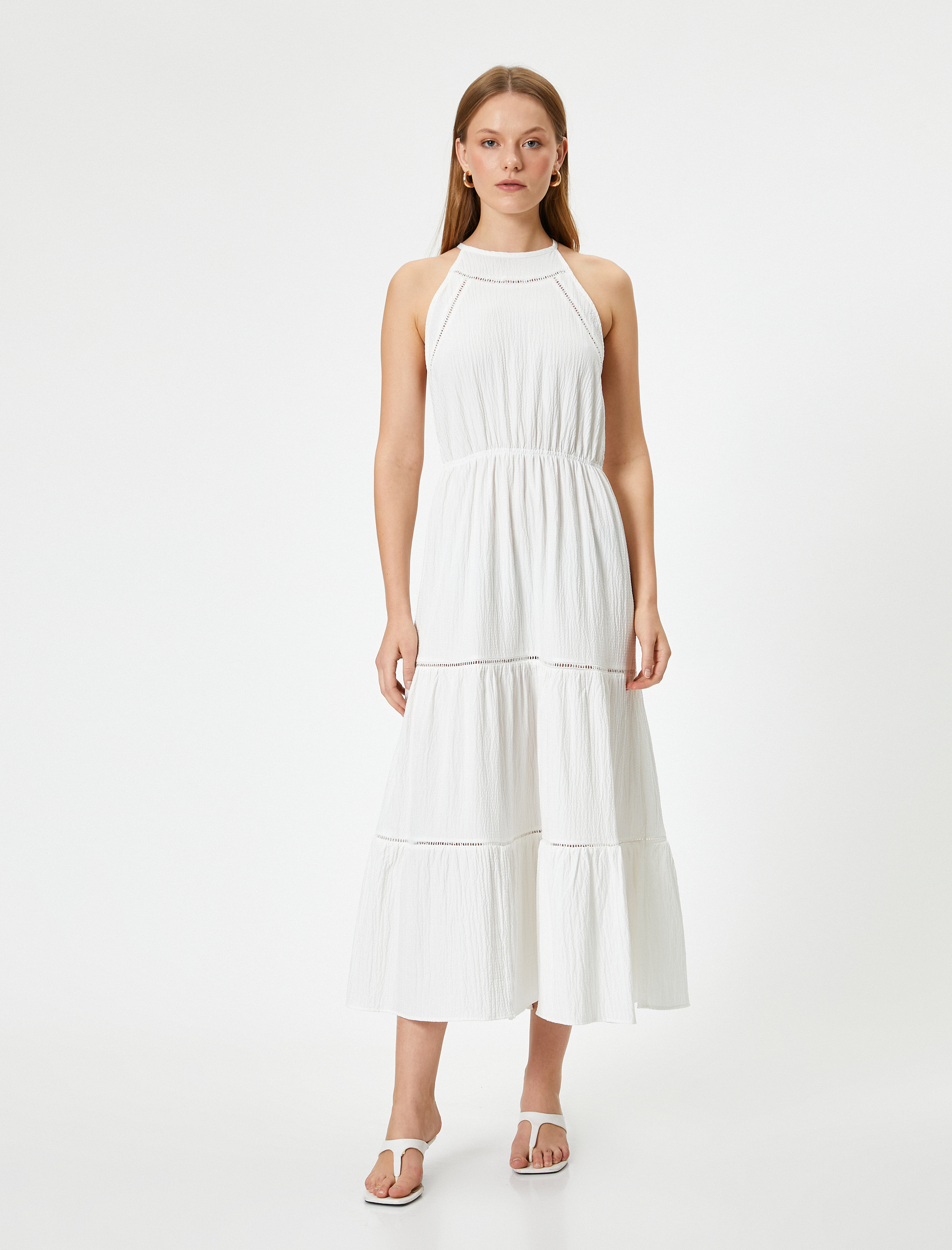 Uzun Halter Yaka Elbise Katmanlı Dokulu