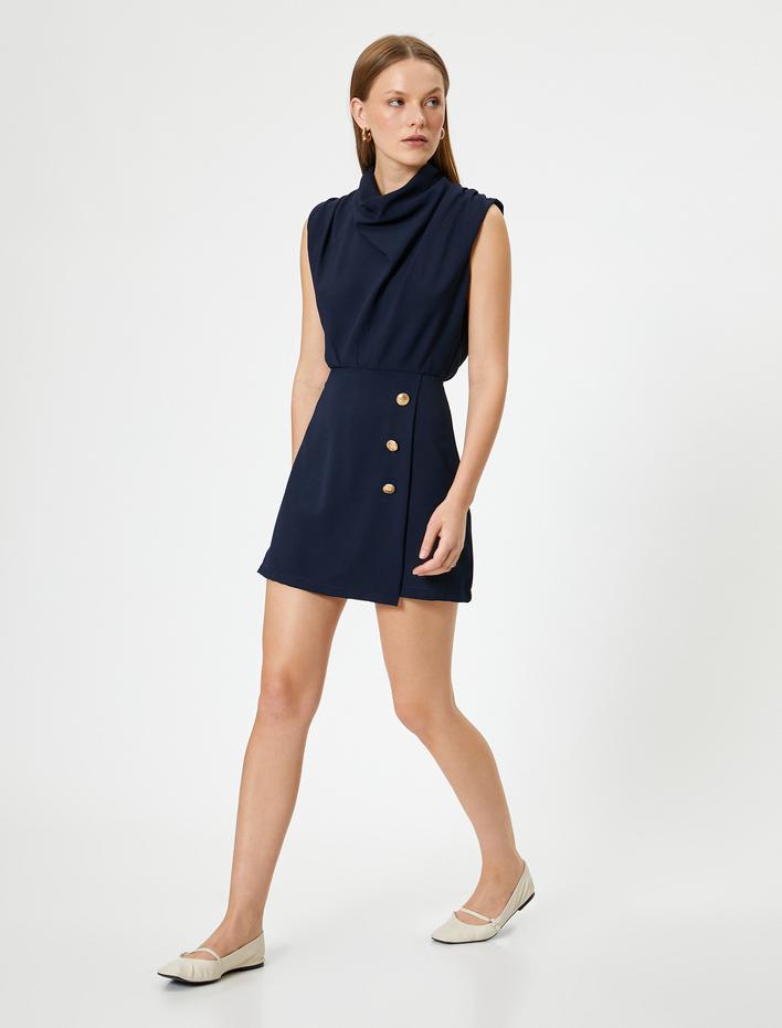  Şal Yaka Mini Elbise Kolsuz Drapeli Gold Düğme Detaylı