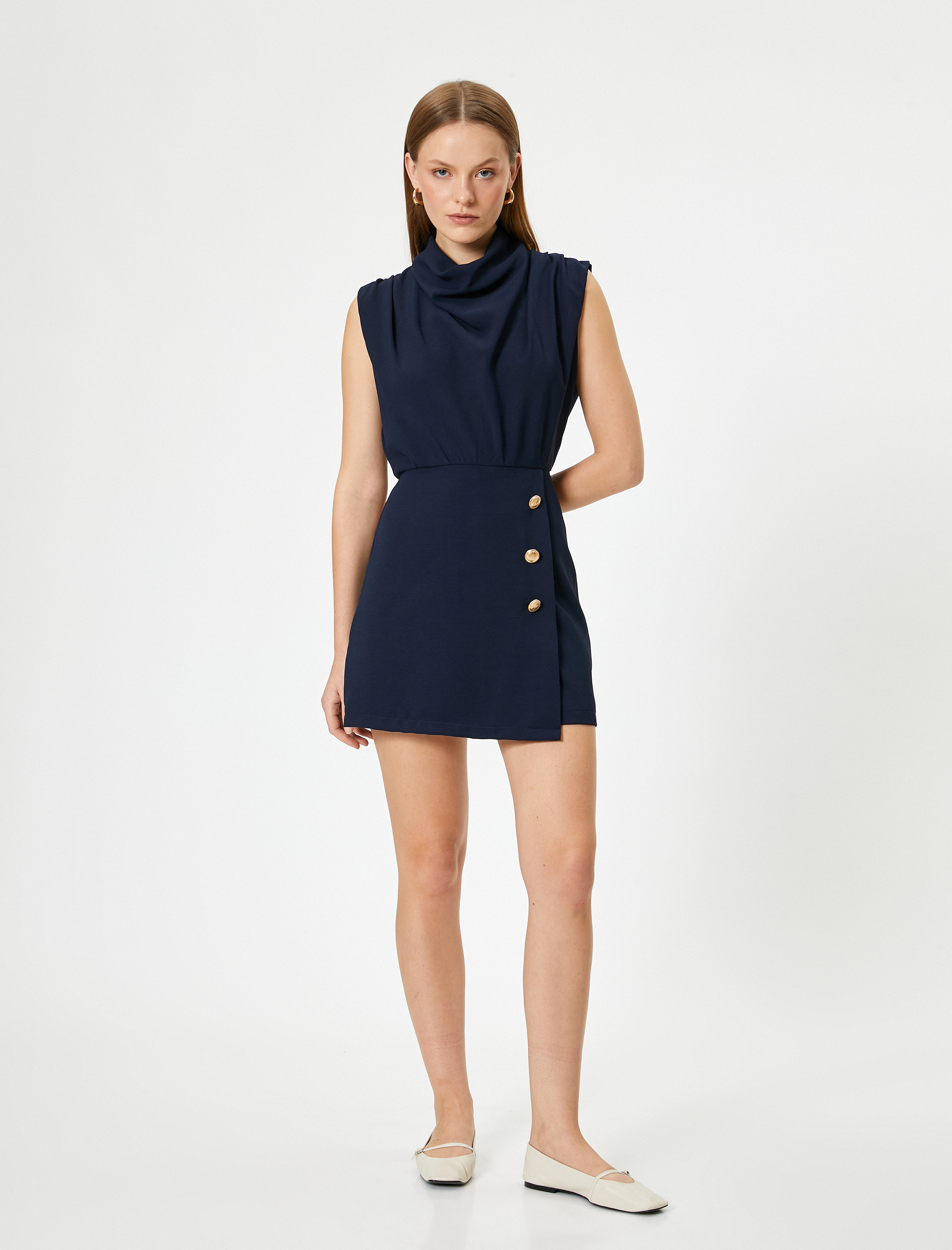   Şal Yaka Mini Elbise Kolsuz Drapeli Gold Düğme Detaylı