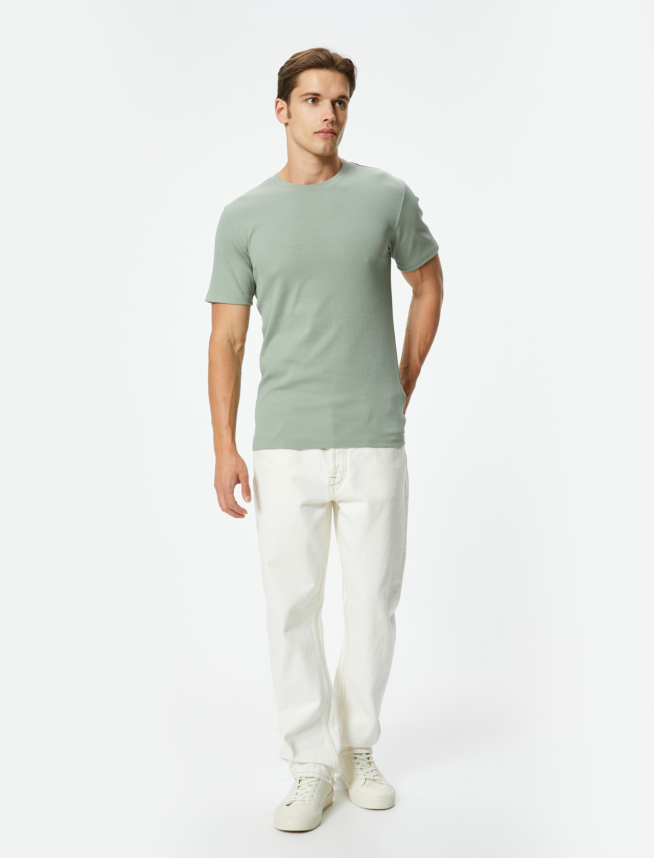   Fitilli Tişört Dokulu Bisiklet Yaka Kısa Kollu Pamuklu