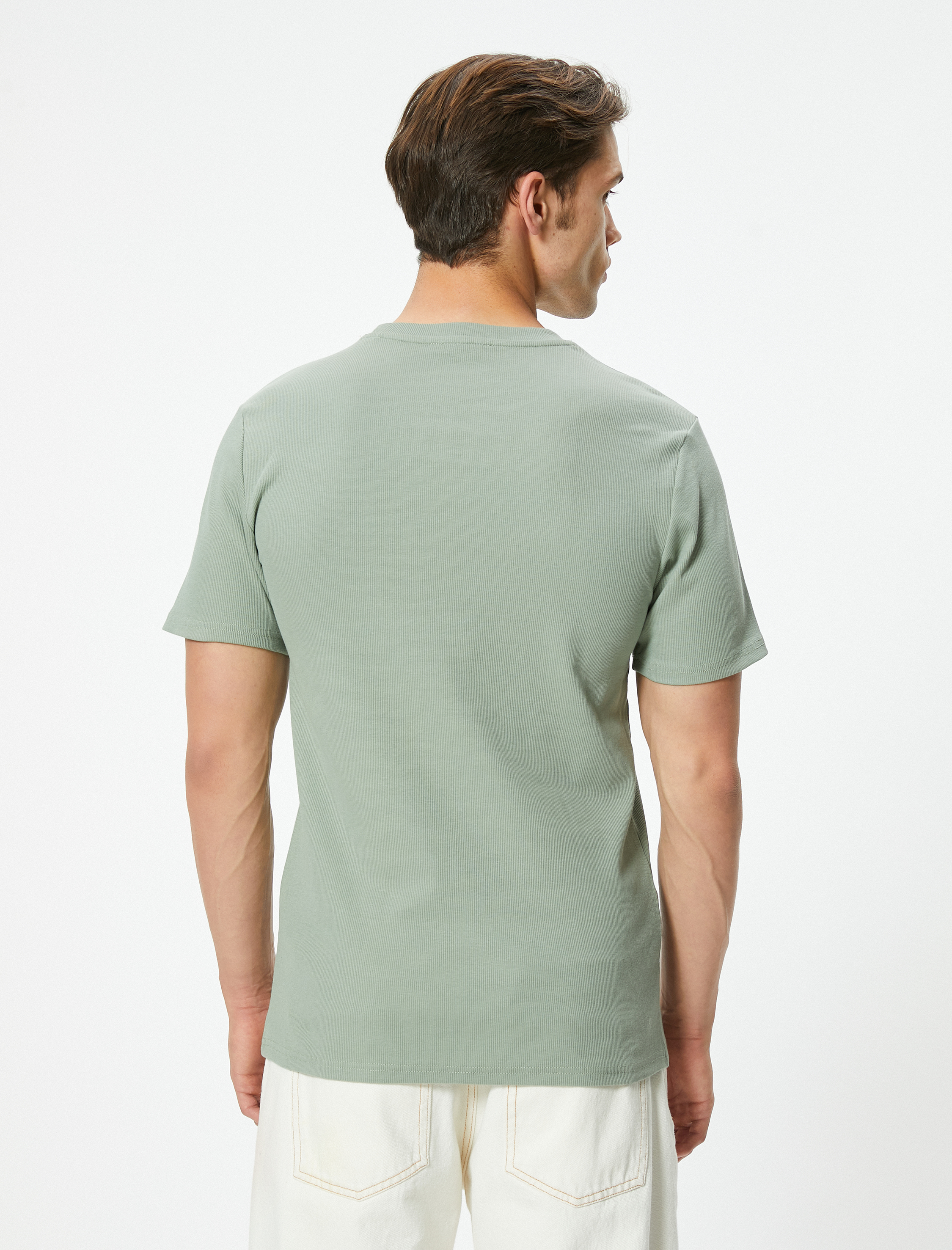   Fitilli Tişört Dokulu Bisiklet Yaka Kısa Kollu Pamuklu