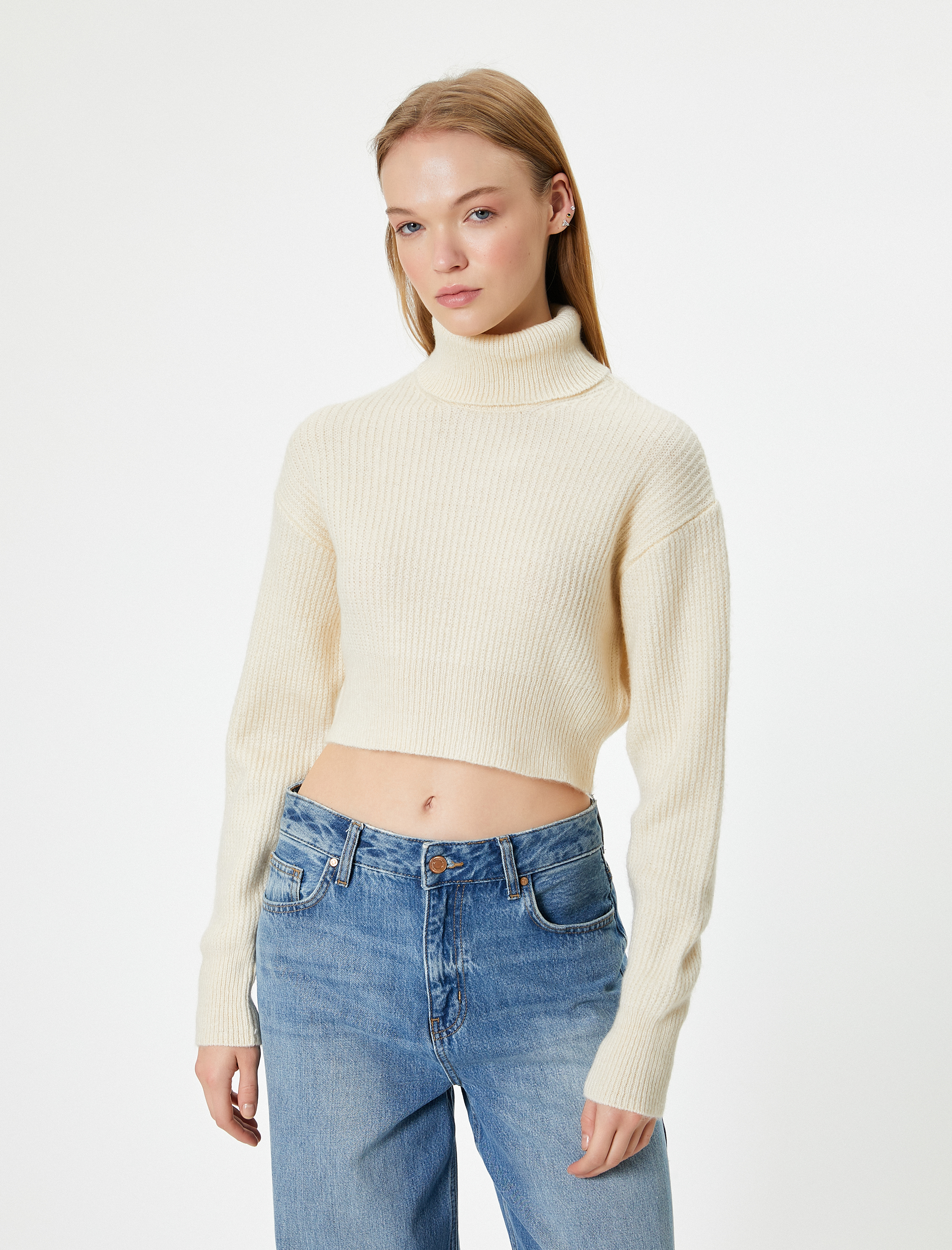   Crop Triko Kazak Balıkçı Yaka Uzun Kollu Akrilik Karışımlı