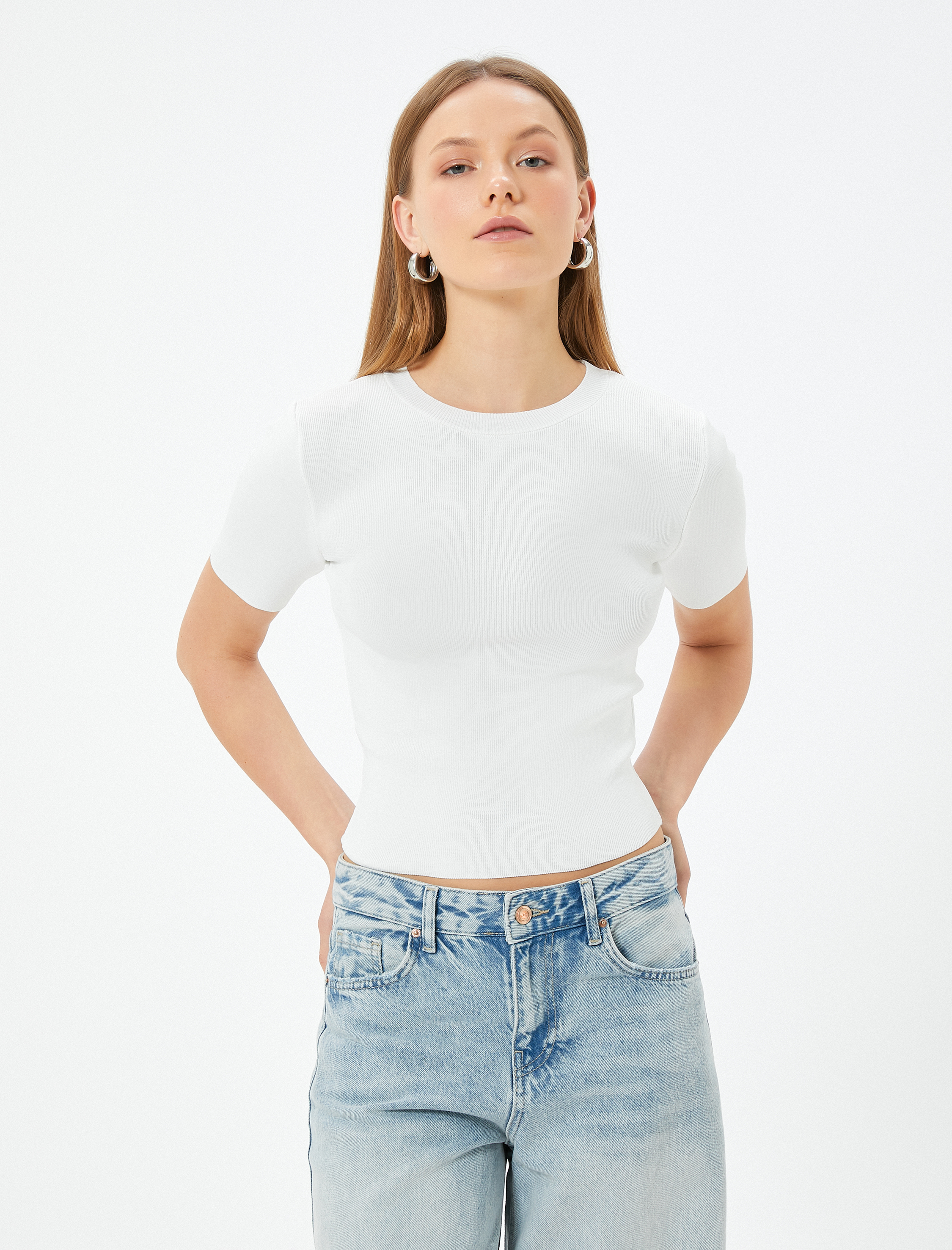   Crop Triko Kazak Kısa Kollu Bisiklet Yaka