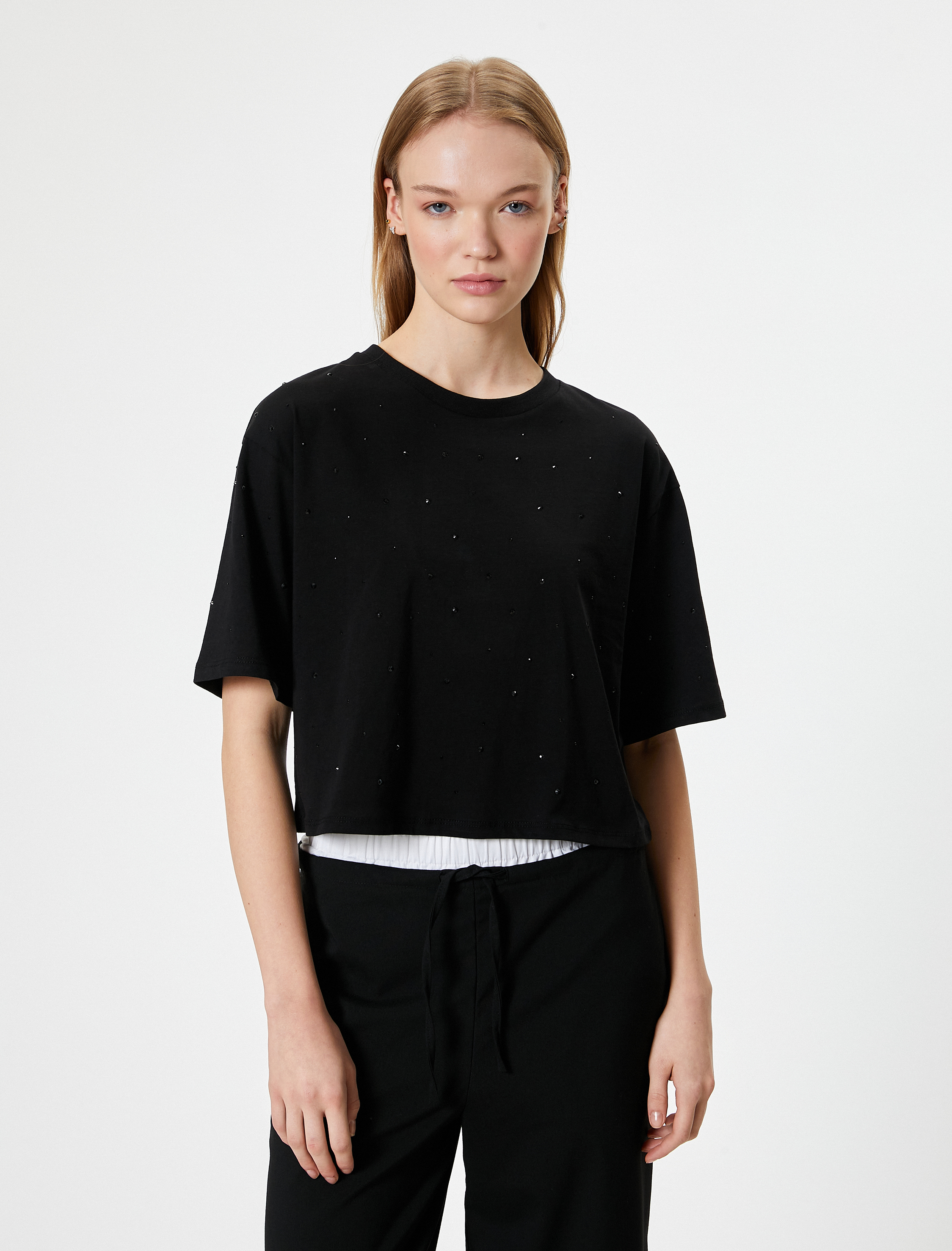   Taşlı Tişört Kısa Kollu Bisiklet Yaka Pamuklu Rahat Kalıp